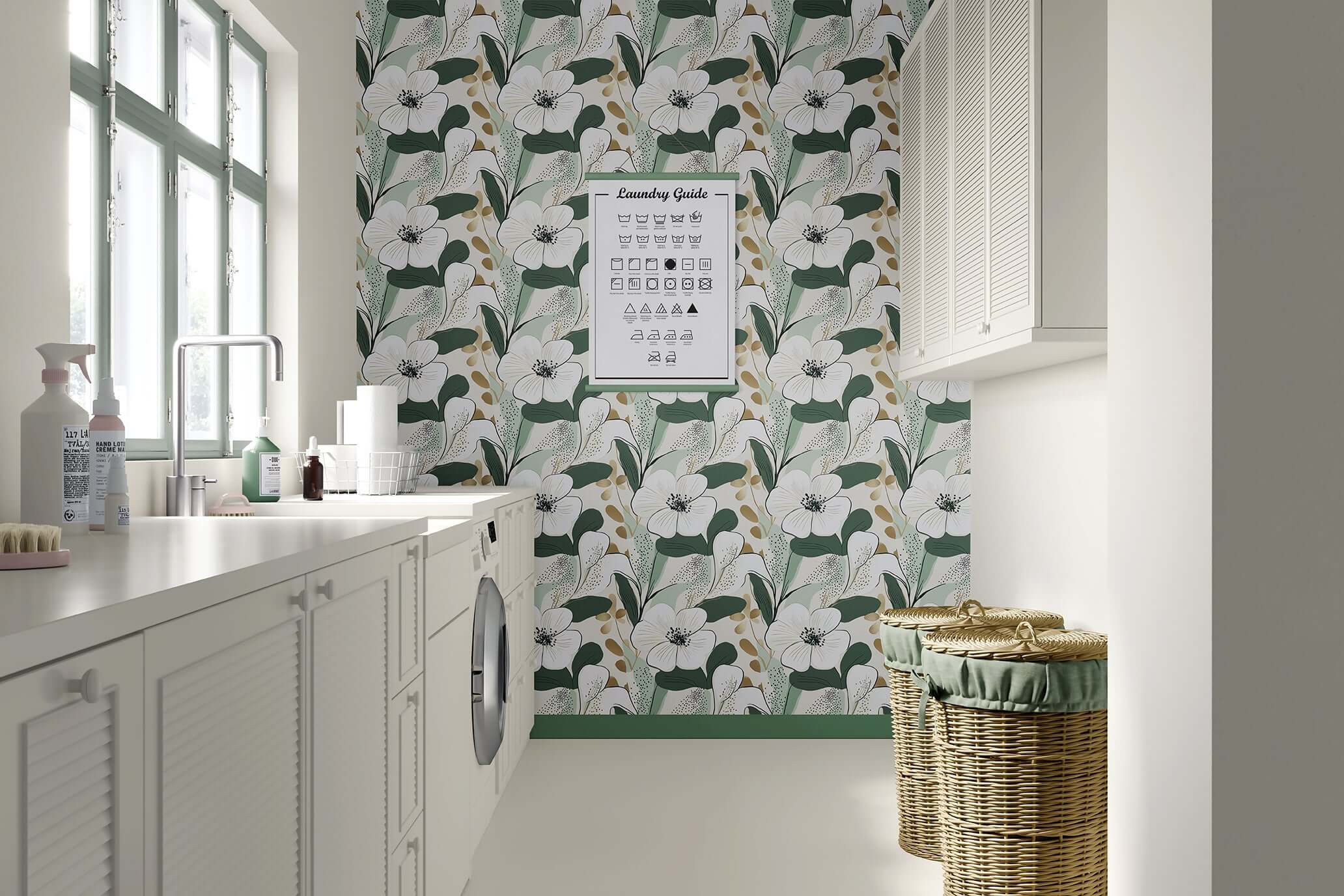 Golden Greenscape wallpaper with white blossoms, lush green foliage, and gold accents in a contemporary laundry room setting.