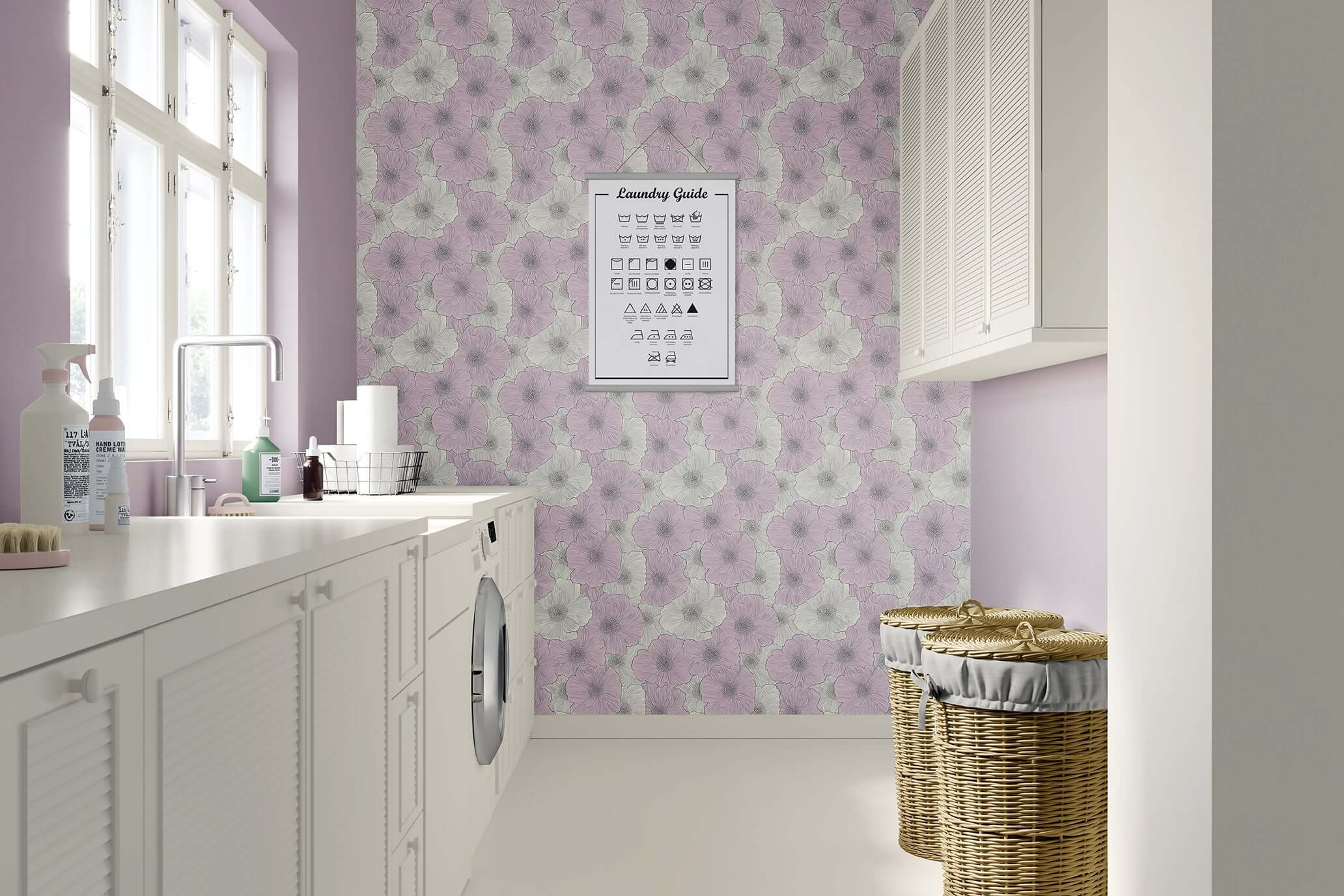 Ethereal Pastel Romance floral wallpaper in pink and ivory tones, enhancing a modern laundry room with soft elegance.