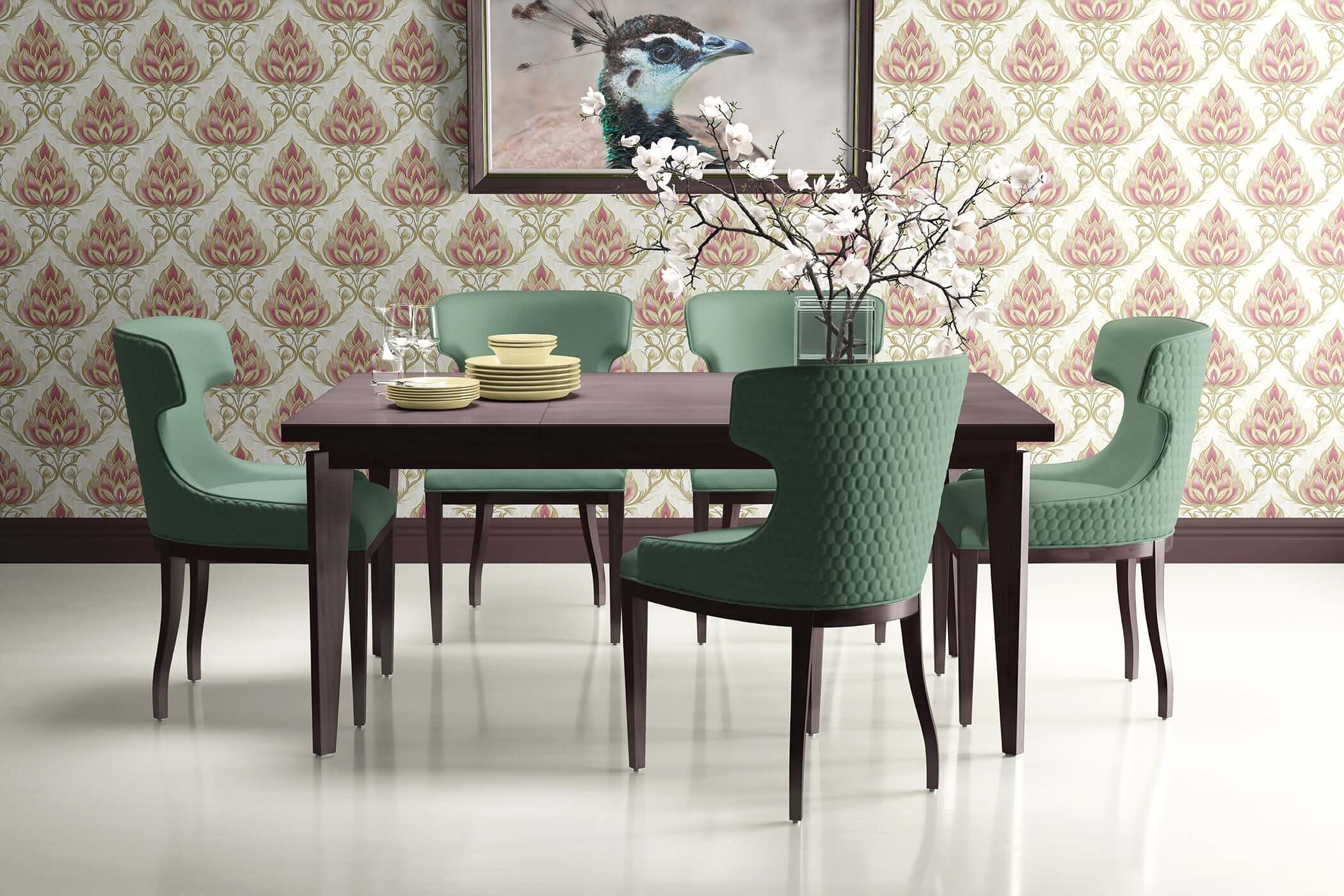 Elegant dining room featuring a vintage floral damask wallpaper in pink, gold, and tan, with sophisticated modern furniture.