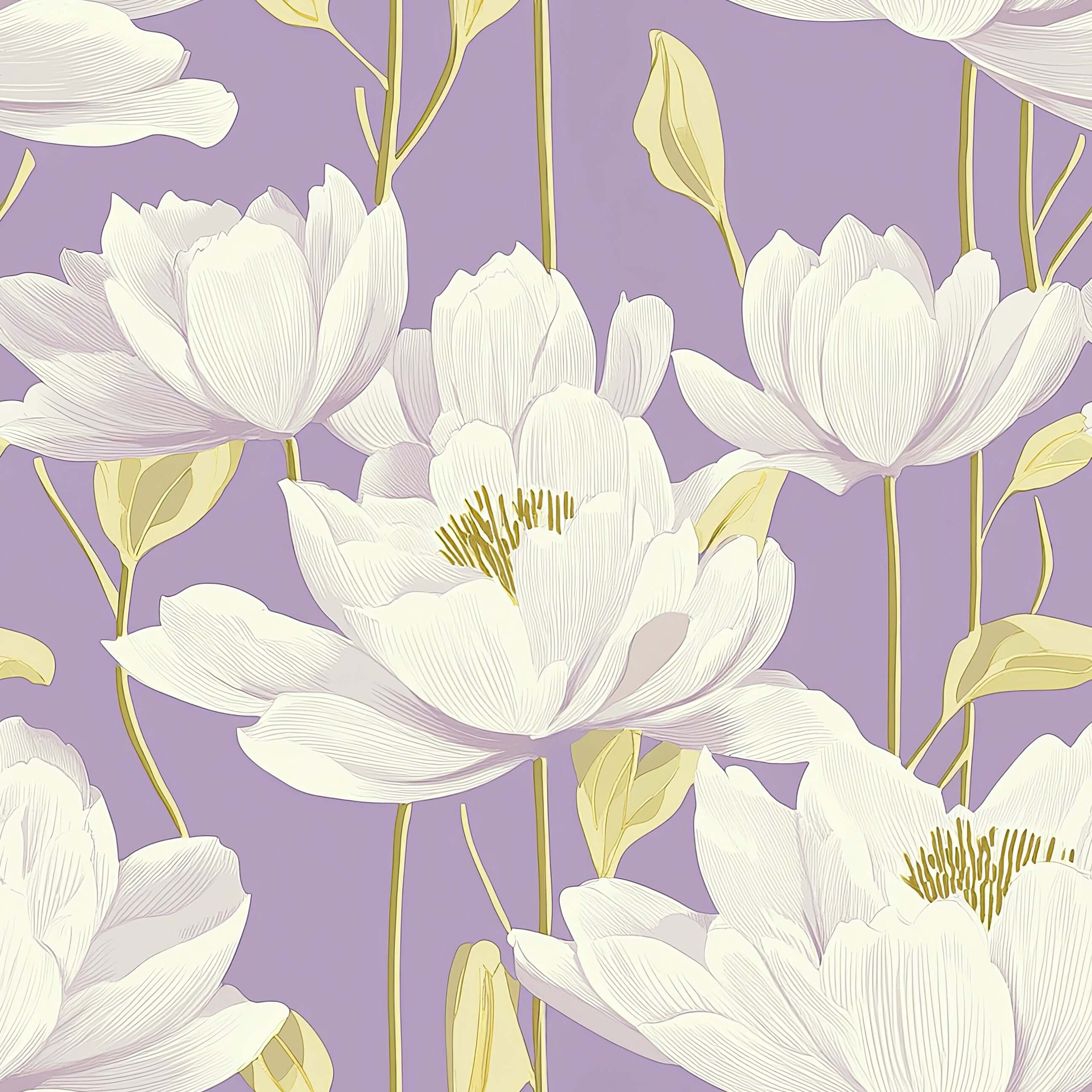 Lavender Luxe Bloom wallpaper with white florals, gold botanical accents on a lavender background for a contemporary look.