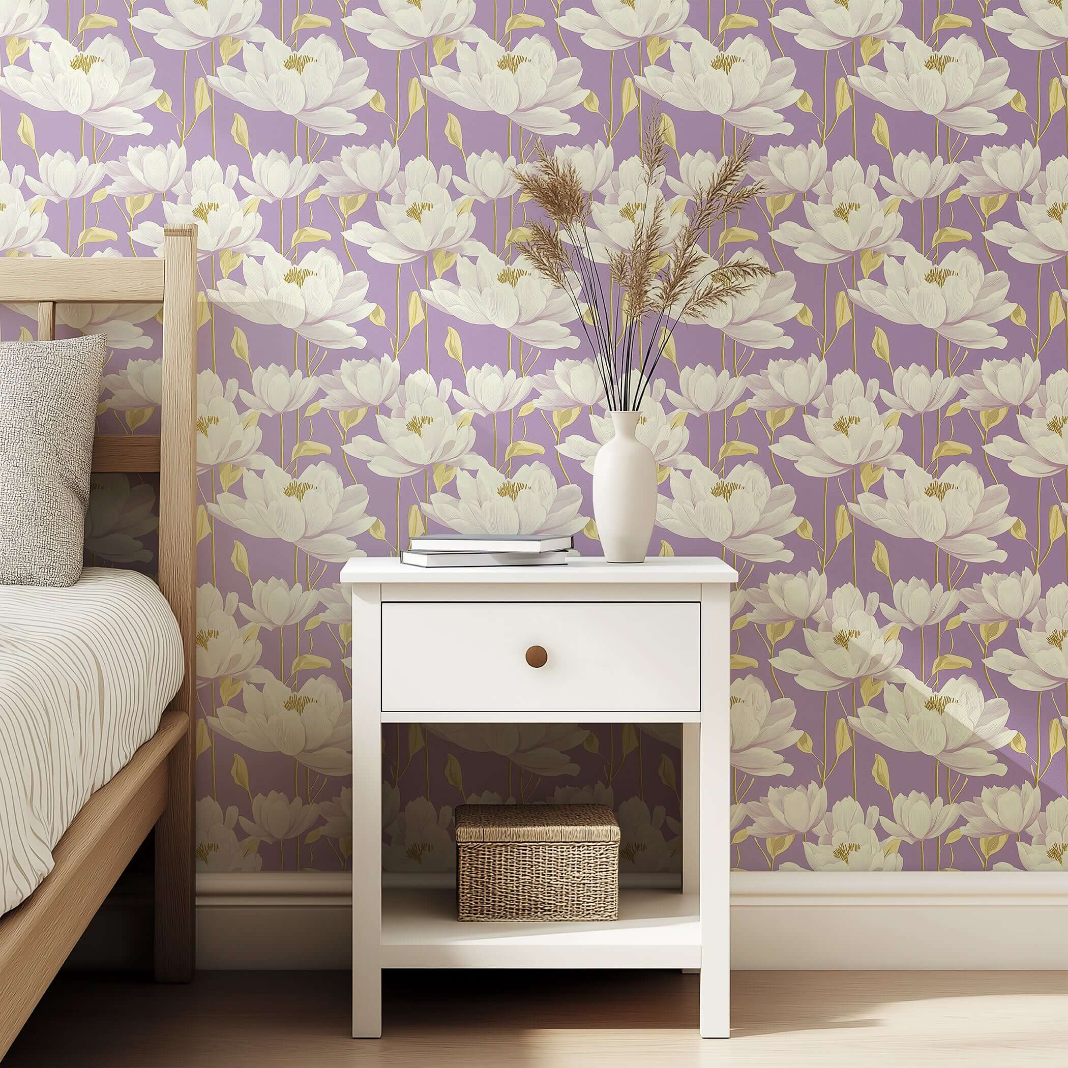 Contemporary lavender wallpaper with white florals and gold accents in a tranquil bedroom setting, featuring a styled bedside table.