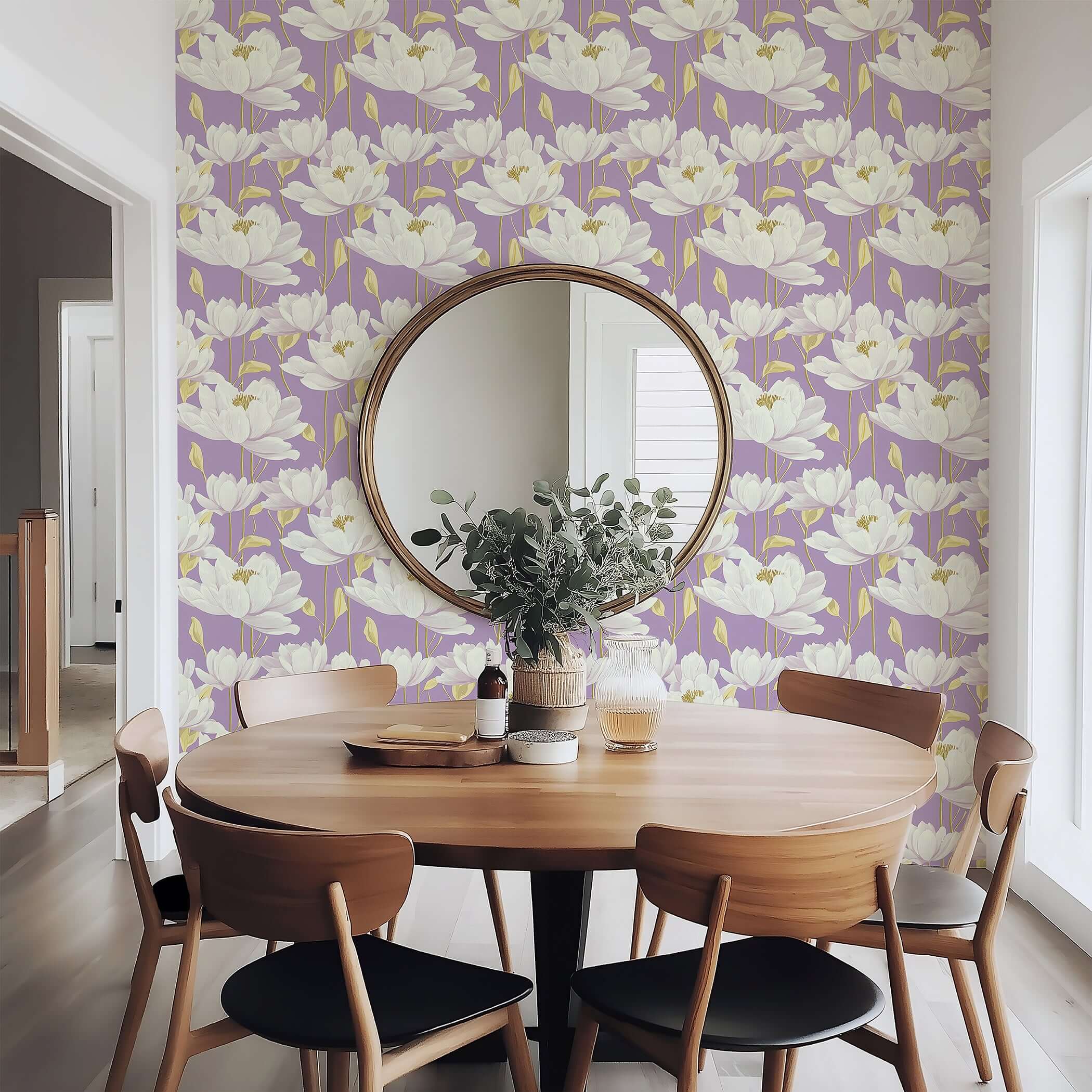 Lavender Luxe Bloom wallpaper with white florals and gold accents in a contemporary dining room setting.