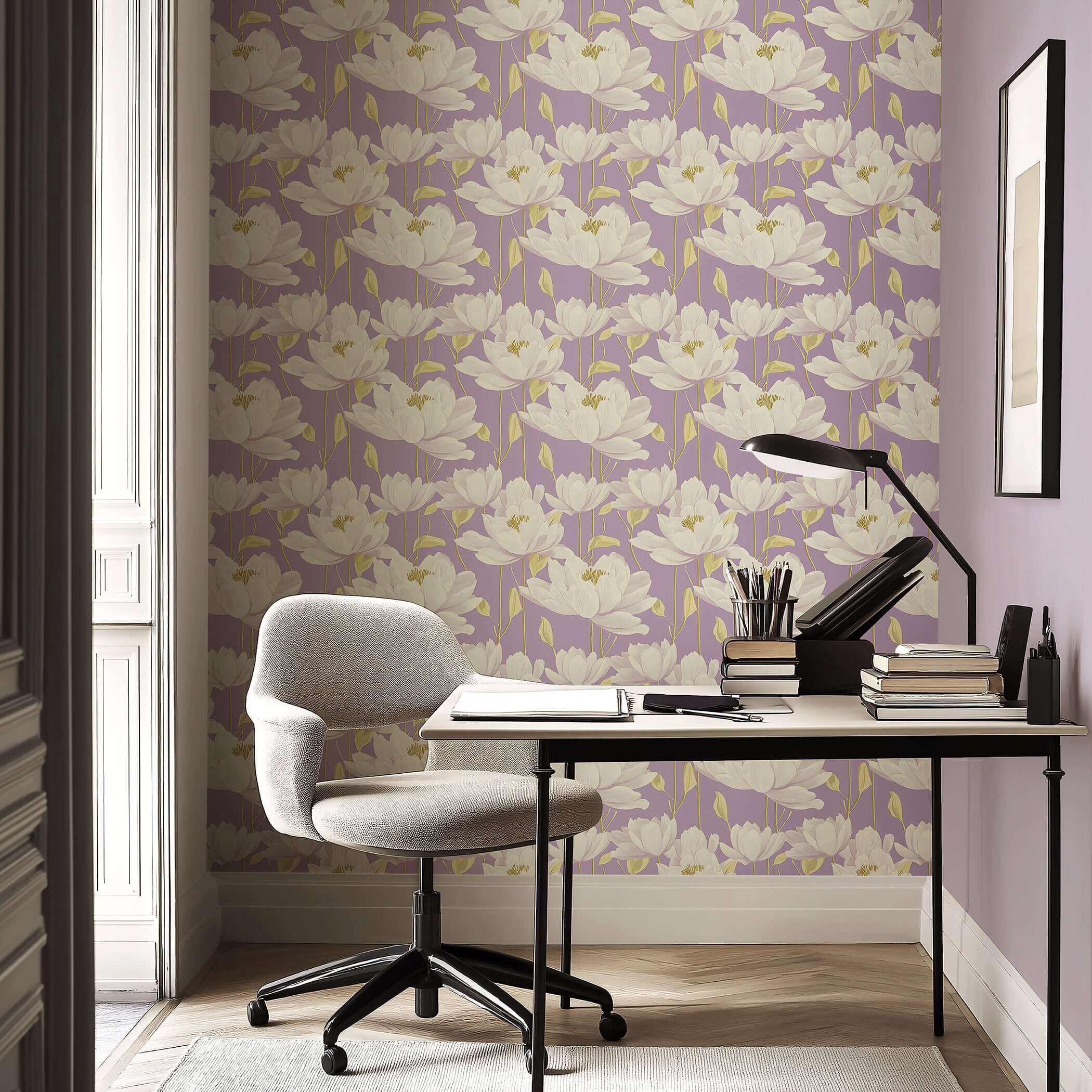 Contemporary lavender wallpaper with white floral and gold accents in a stylish office space, enhancing modern elegance.