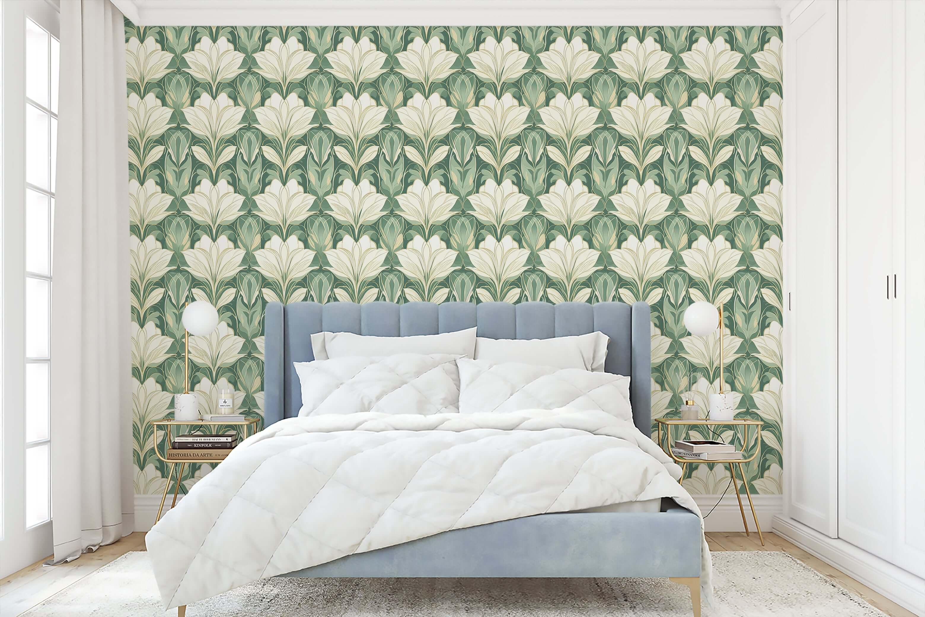 Jade Garden Grandeur wallpaper with art deco floral design in jade green and white, enhancing bedroom elegance.