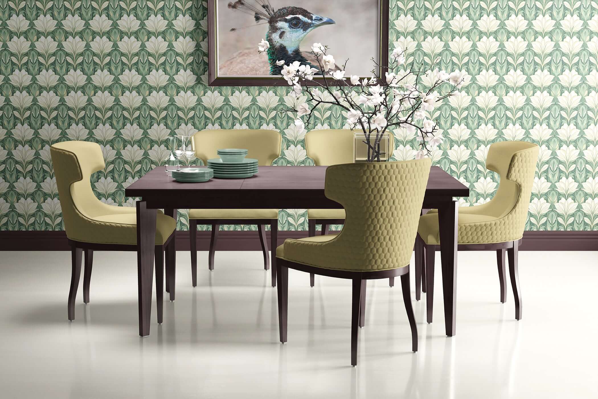 Art nouveau dining room with Jade Garden Grandeur wallpaper featuring jade green and ivory floral patterns.