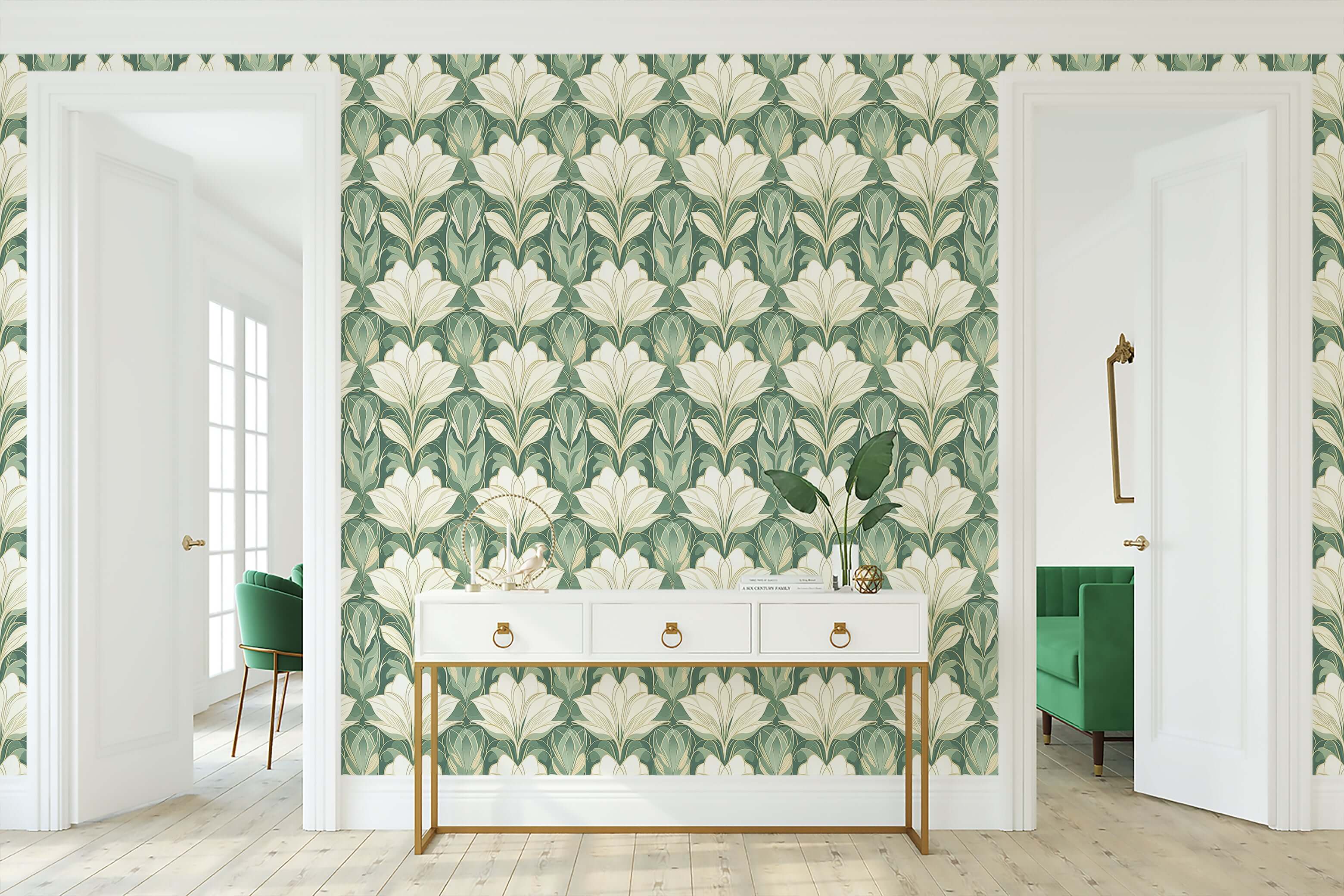 Jade Garden Grandeur Wallpaper with art deco floral pattern in jade green and white, enhancing a sophisticated living space with elegance.