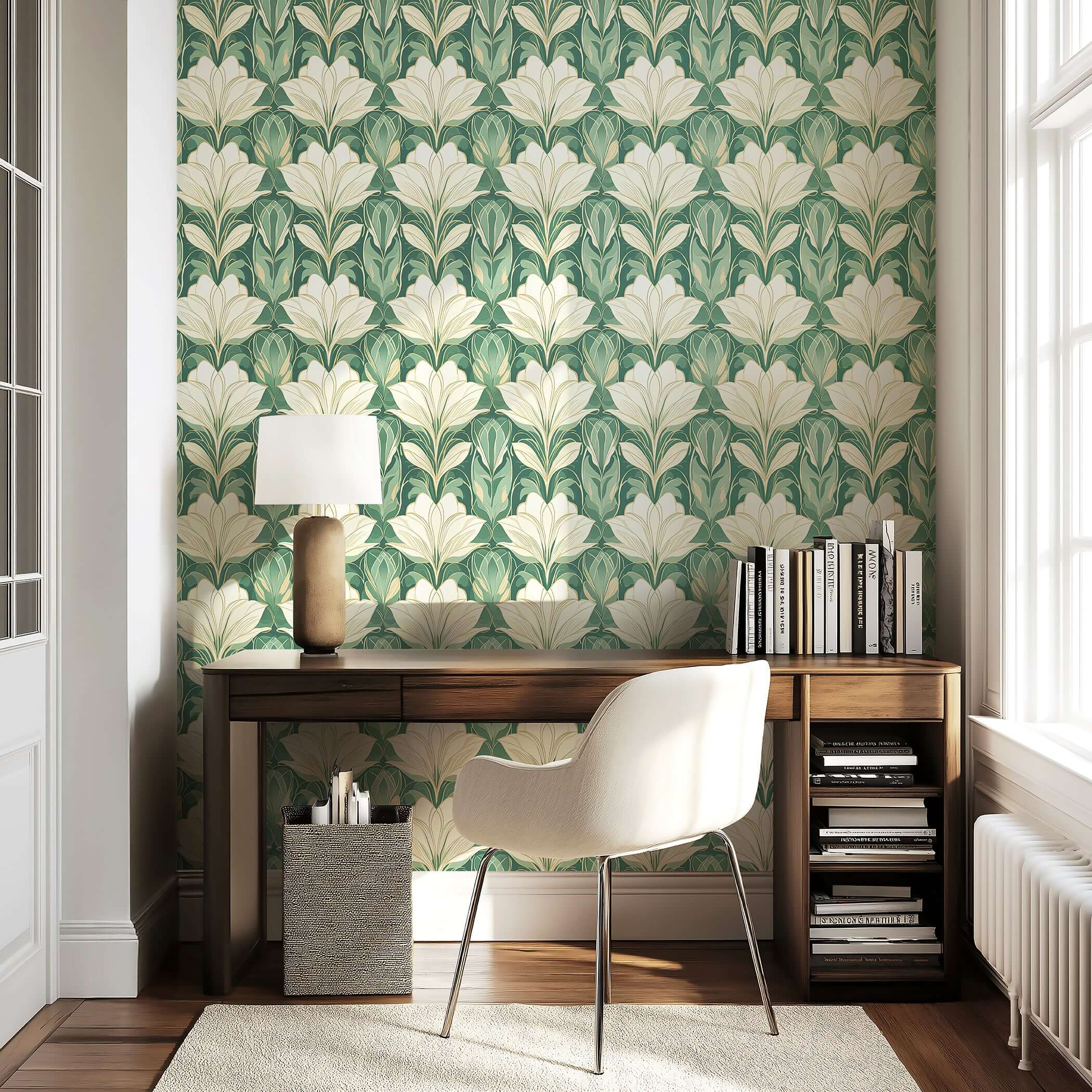 Jade Garden Grandeur wallpaper in art deco style with ivory and jade green floral patterns, enhancing a study space with elegance.