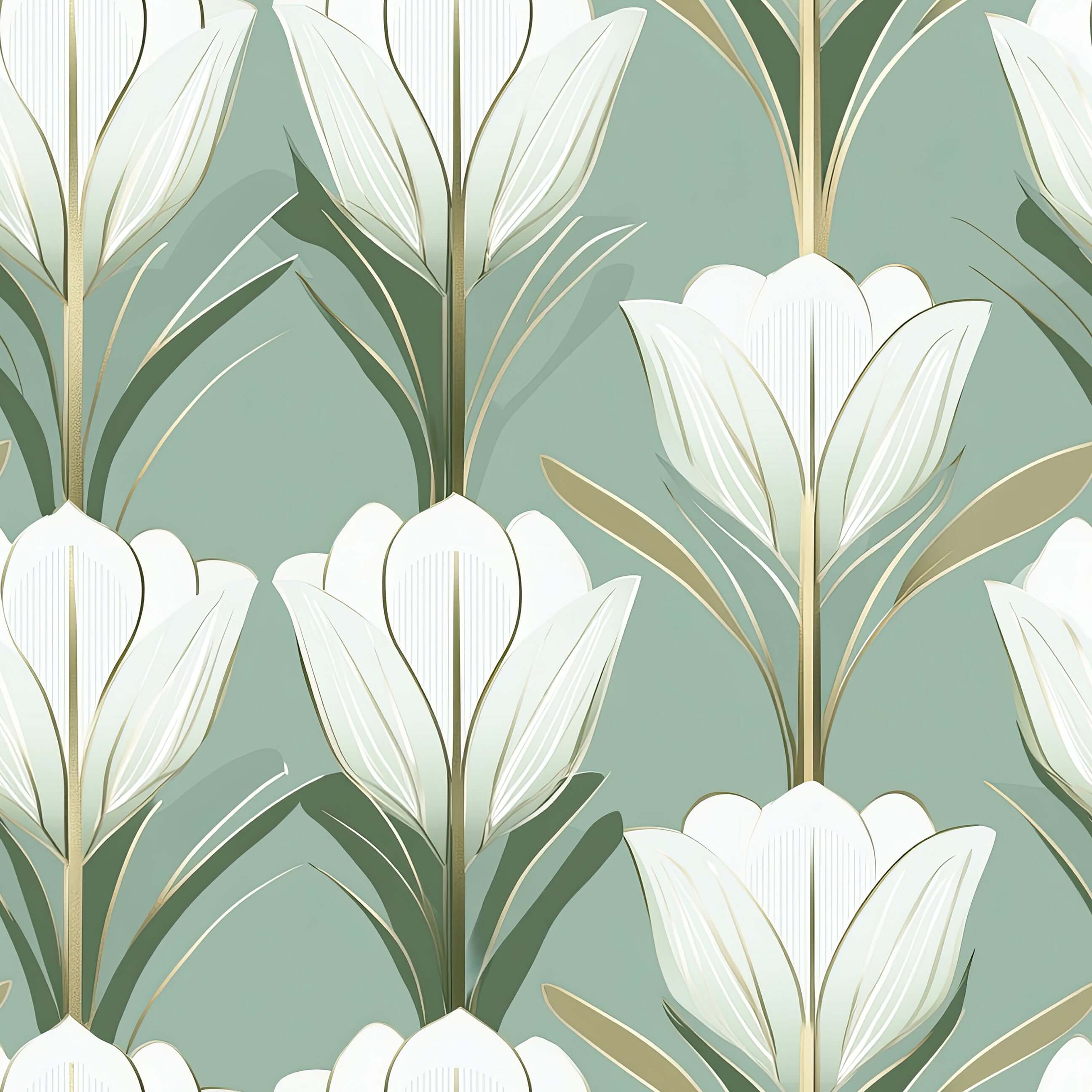 Deco Tulip Harmony wallpaper featuring art deco tulip design in green, gold, and white tones for elegant interiors.
