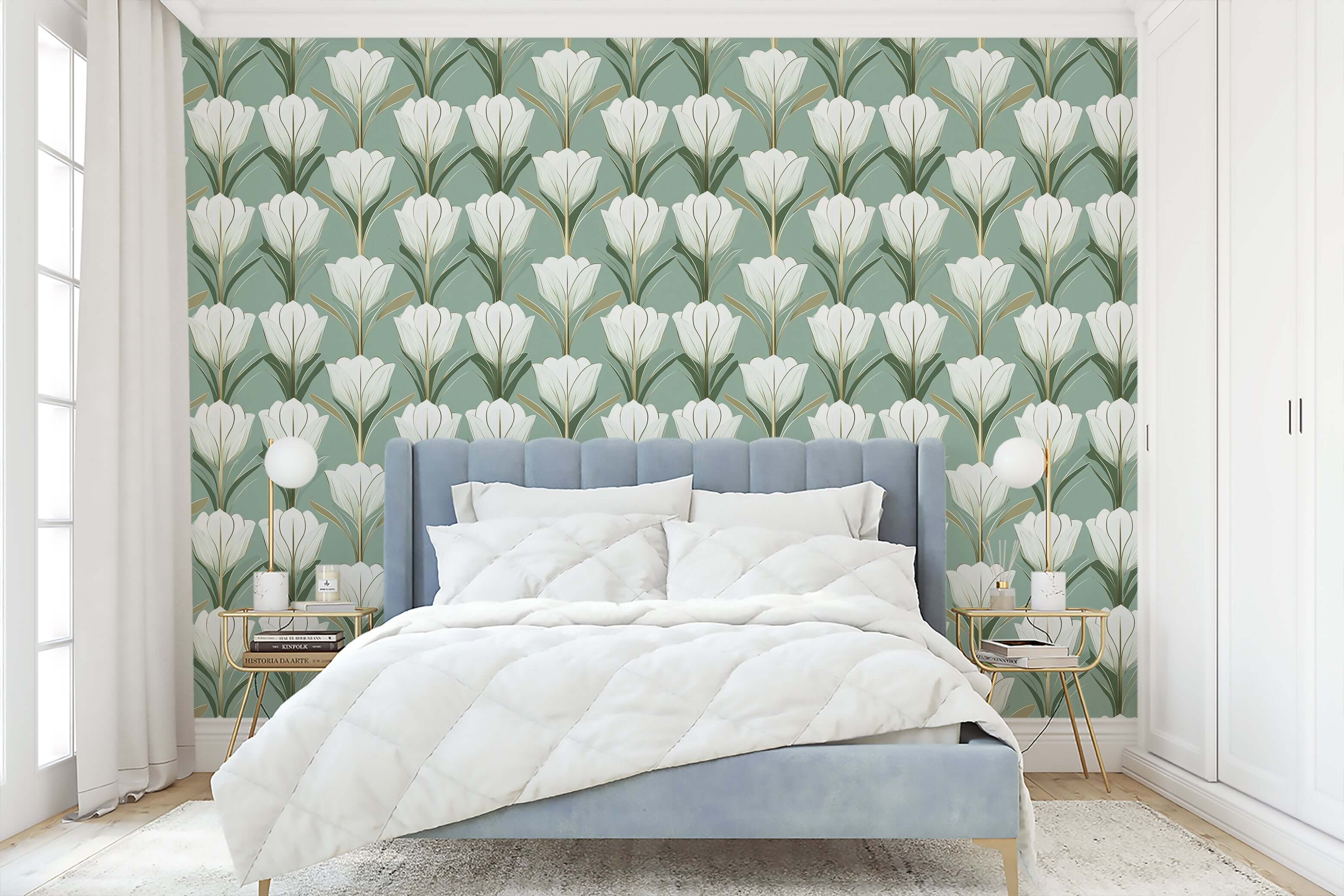 Bedroom with Deco Tulip Harmony wallpaper featuring Art Deco tulip designs in green, gold, and white for a modern, vintage look.