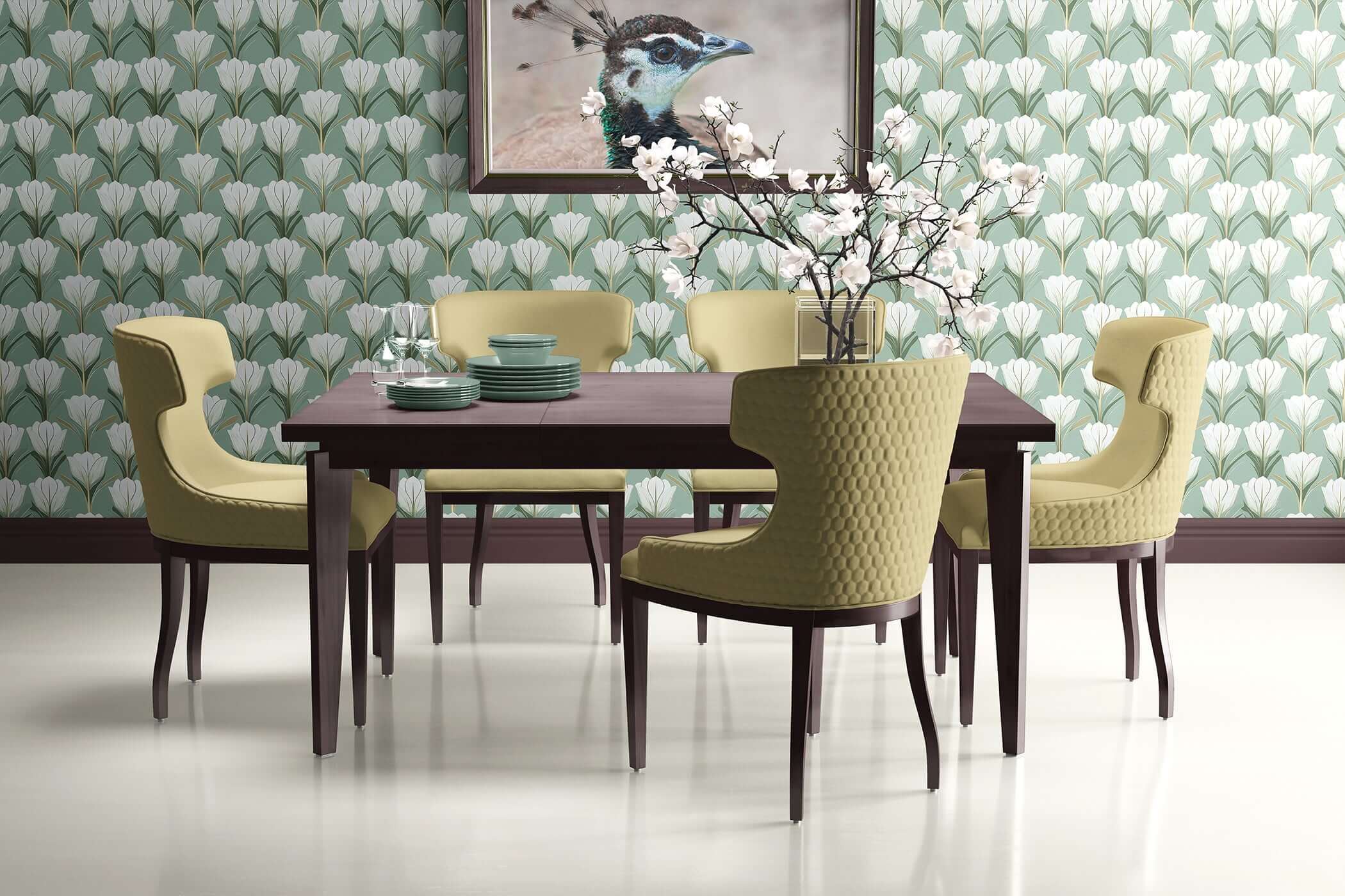 Dining room with Deco Tulip Harmony wallpaper in green, white, and gold. Modern Art Deco design with stylized tulips enhancing the space.