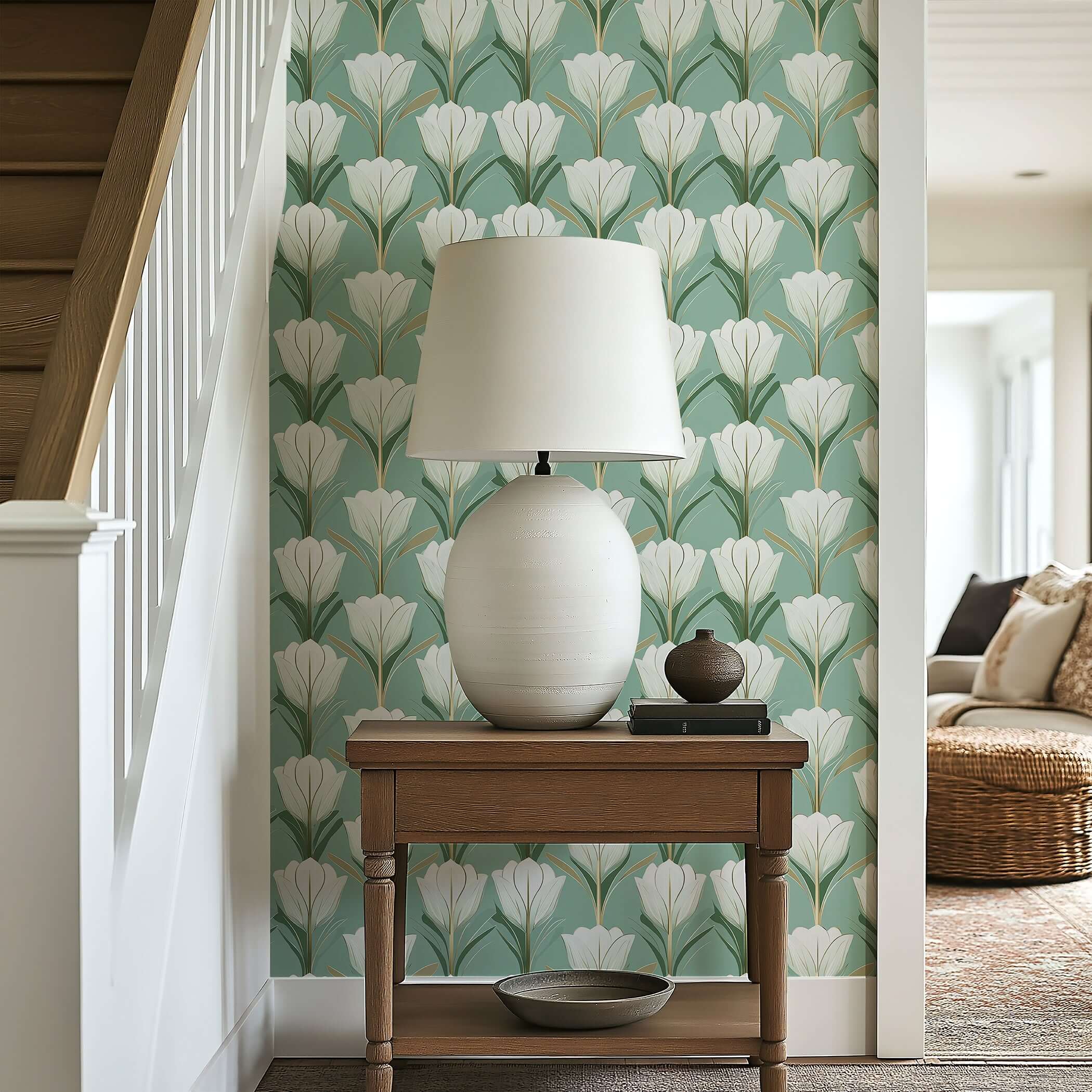 Art Deco Tulip Harmony wallpaper in green and white with vintage design, perfect for accent walls and elegant entryways.