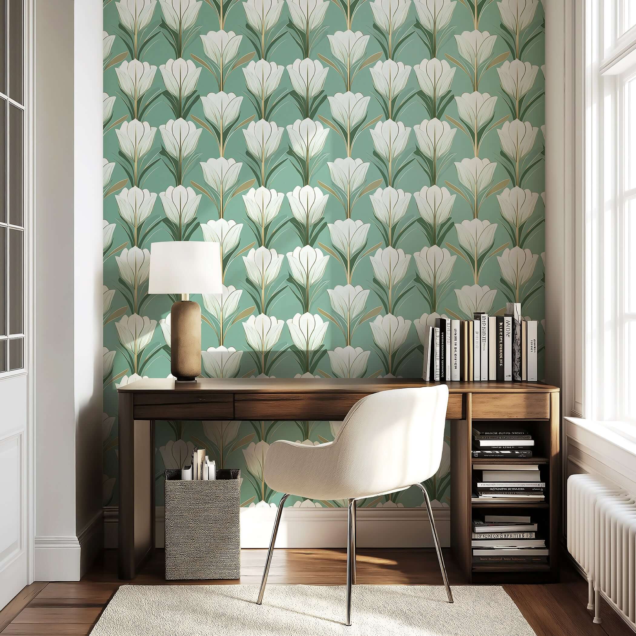 Elegant room with Deco Tulip Harmony wallpaper featuring Art Deco tulips in green and white, enhancing a sophisticated office space.