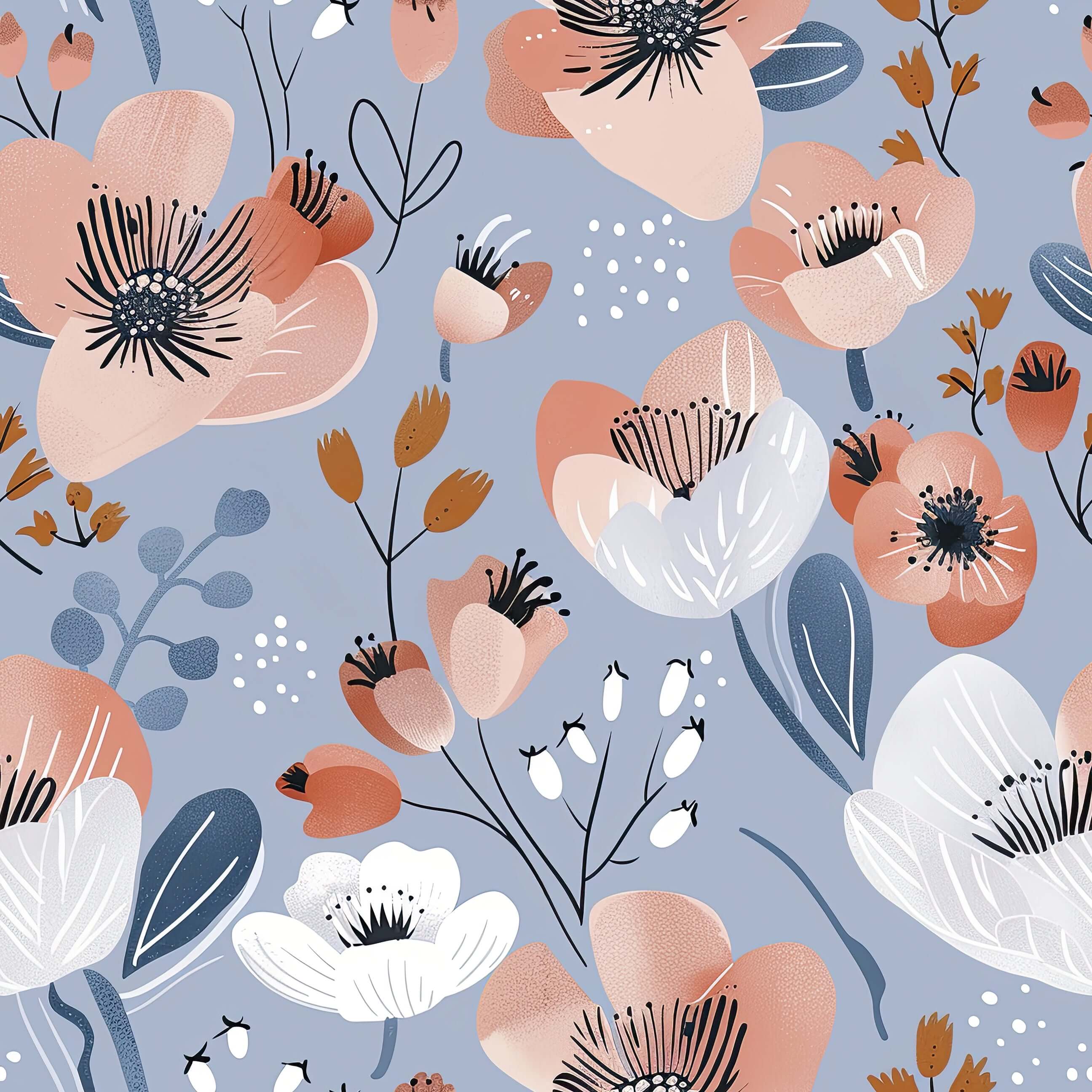 Modern floral wallpaper with coral, ivory, navy flowers on a periwinkle blue background, ideal for nurseries and creative spaces.