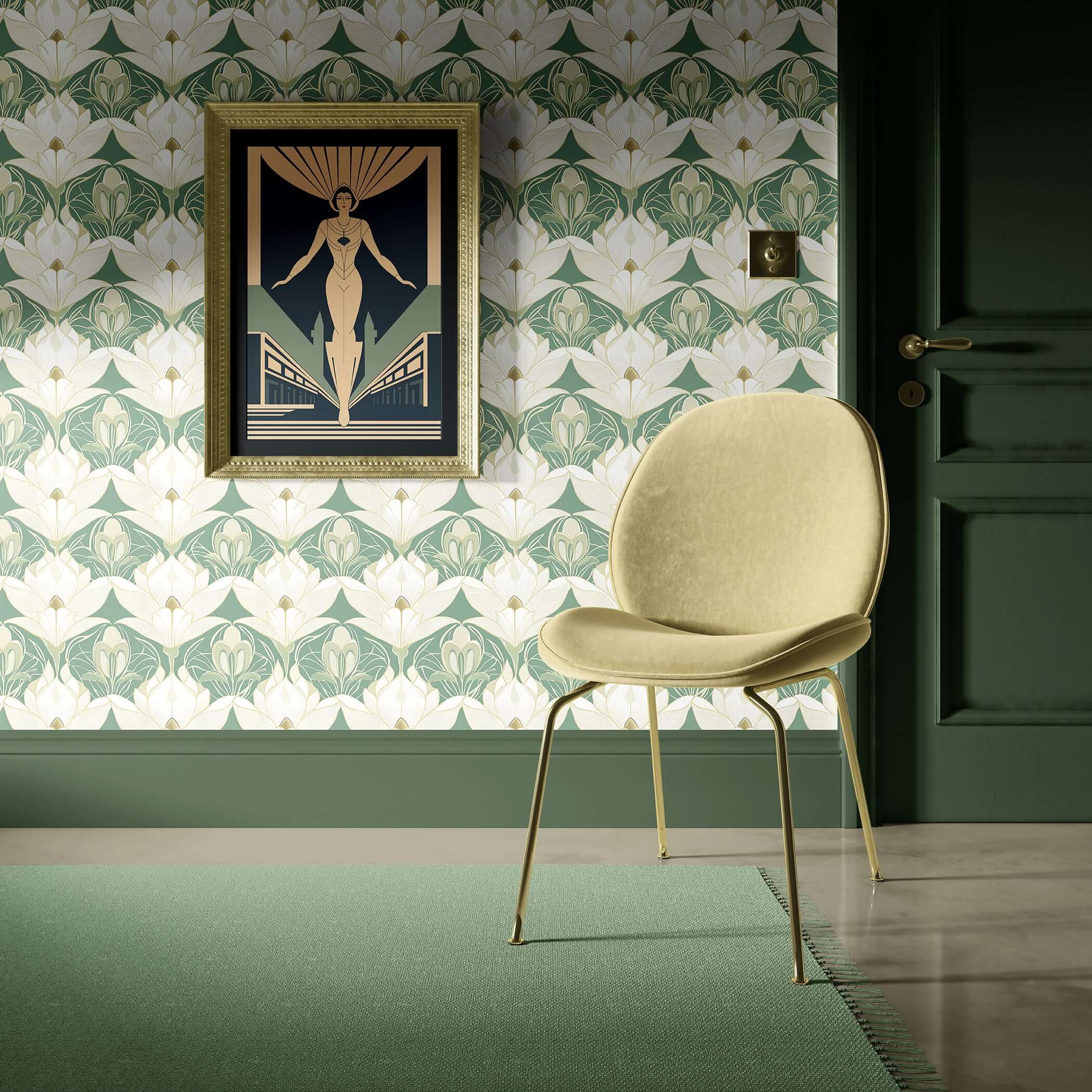 Vintage Garden Luxe wallpaper with cream lotus flowers on sage green, art deco chair, and art nouveau print in elegant room.