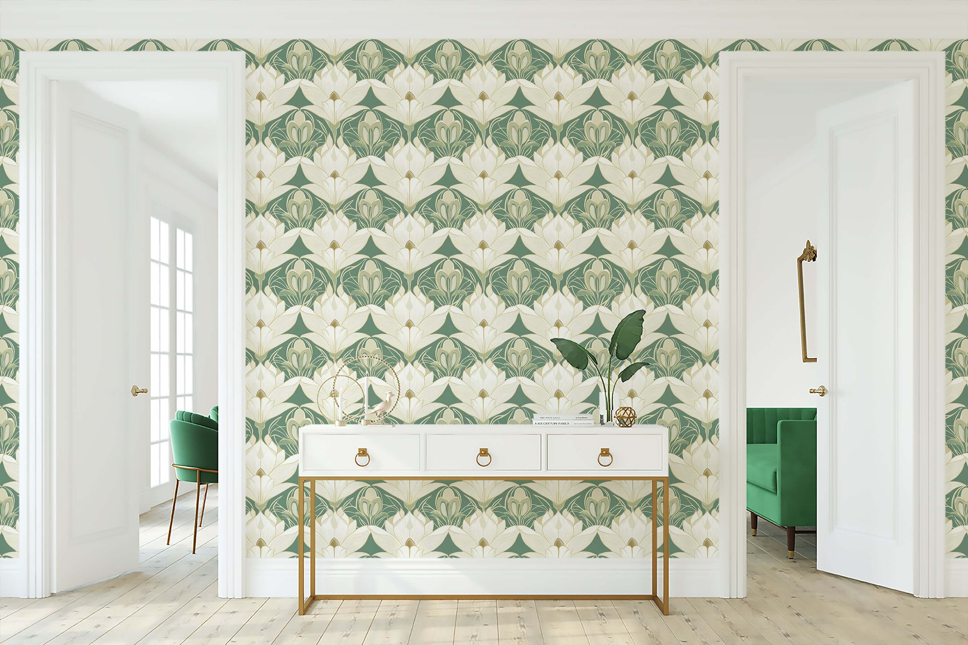 Vintage Garden Luxe wallpaper featuring cream lotus flowers with gold outlines on sage green, perfect for an art deco or nouveau look.