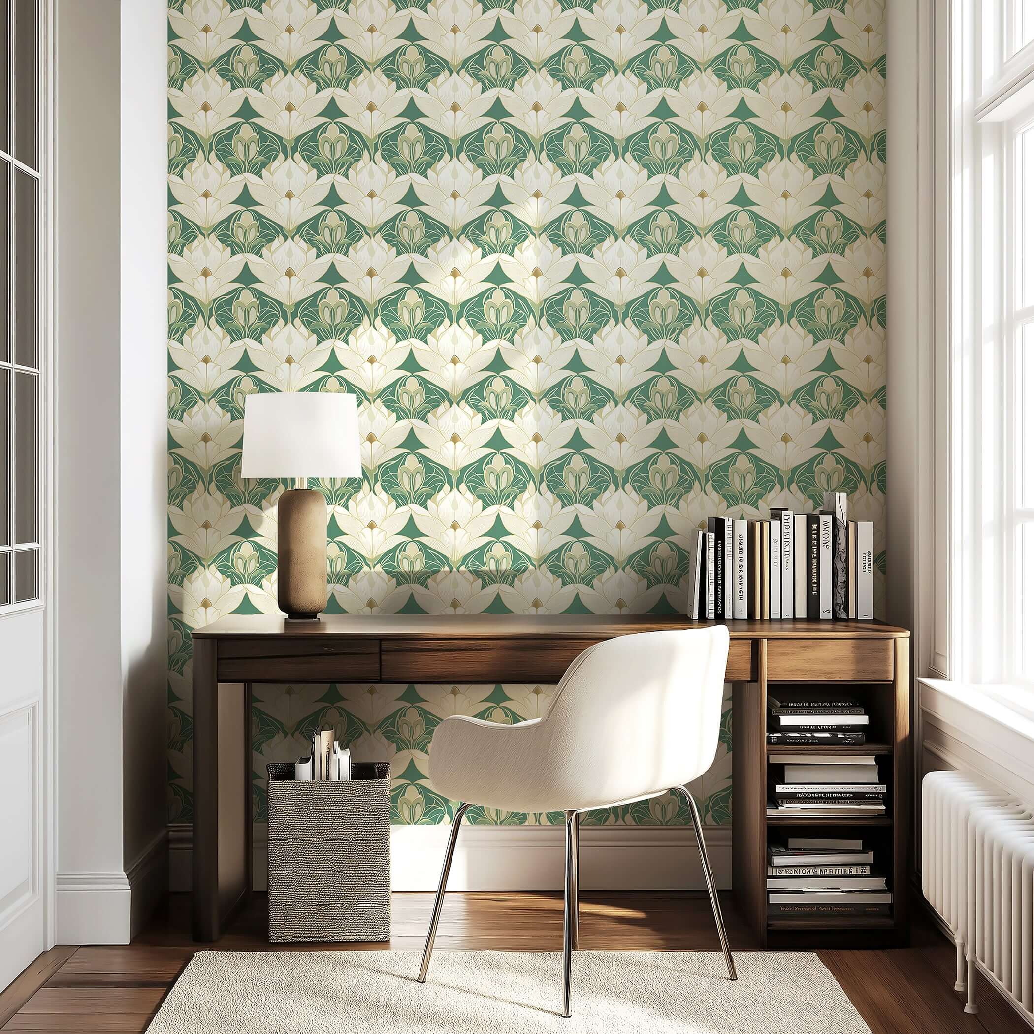 Vintage Garden Luxe wallpaper: Art Deco floral design with cream lotus on sage green background, perfect for stylish interiors.
