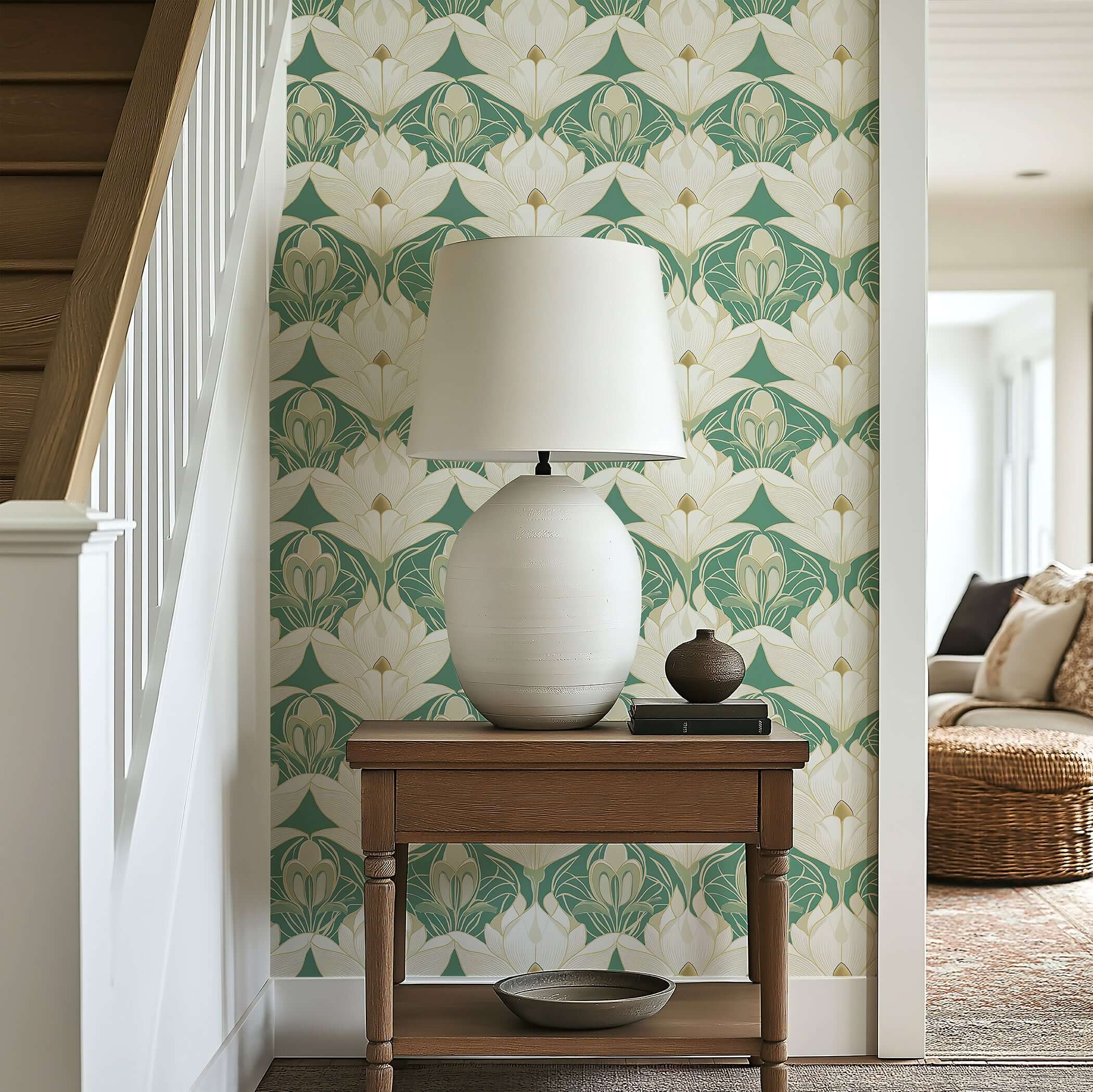 Luxe wallpaper with cream lotus flowers on green background, featuring art deco and art nouveau floral design, enhancing elegant decor.