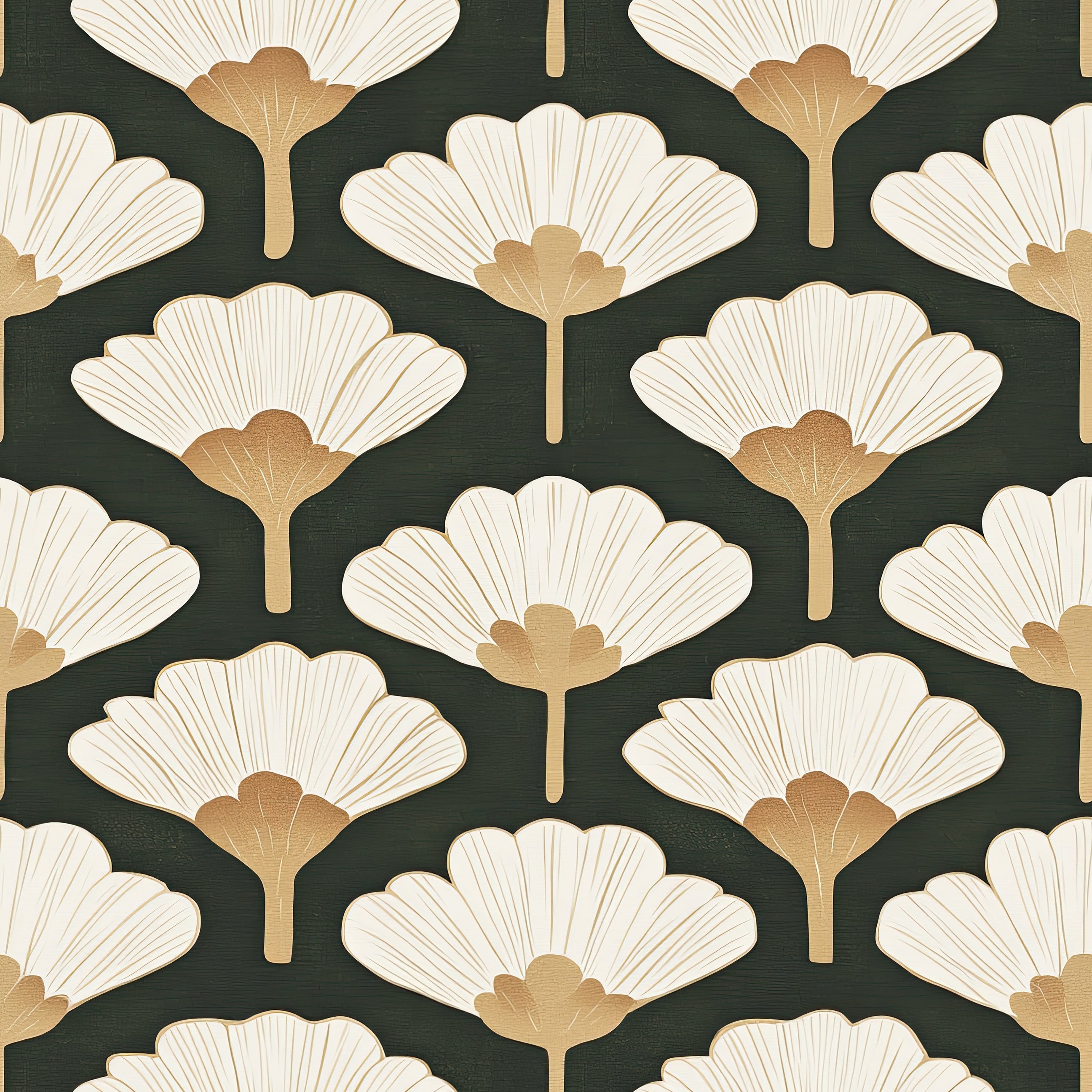 Retro Chic Ginkgo Leaf Wallpaper in cream and gold on dark green background, showcasing floral art deco style for modern interiors.