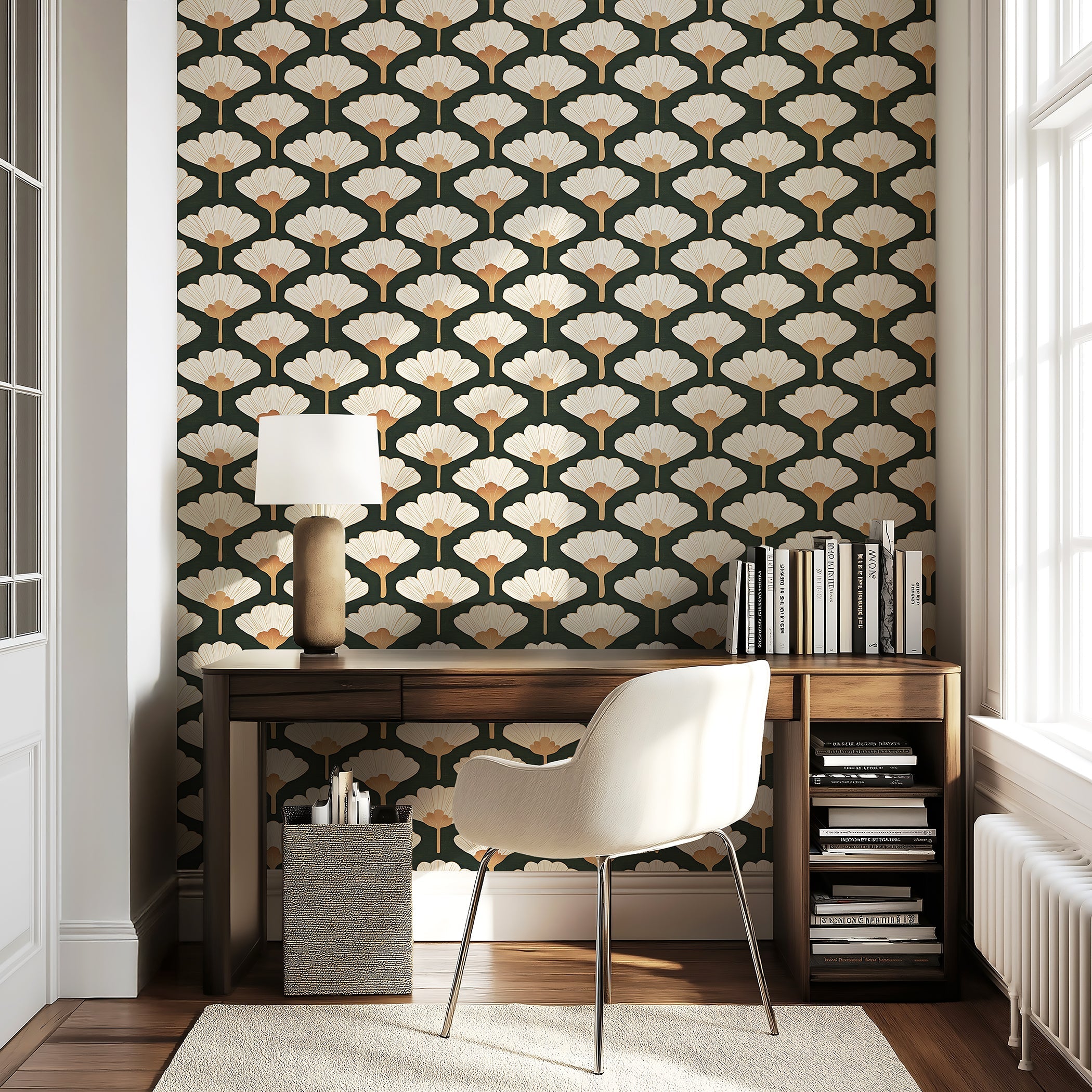 Retro Chic Ginkgo Leaf wallpaper with cream and gold leaves on dark green background, creating an art deco floral accent in a modern office.