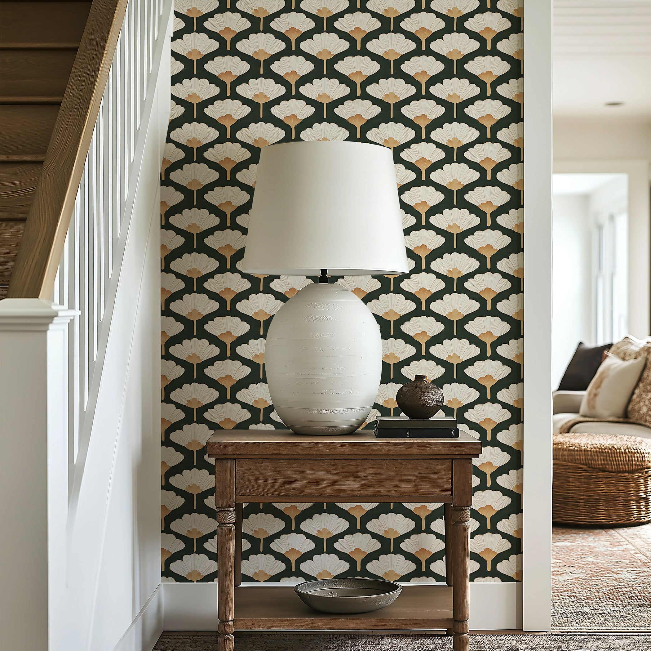 Stylized ginkgo leaf wallpaper in dark green with cream and gold floral design, featuring a retro art deco style behind a lamp and table.