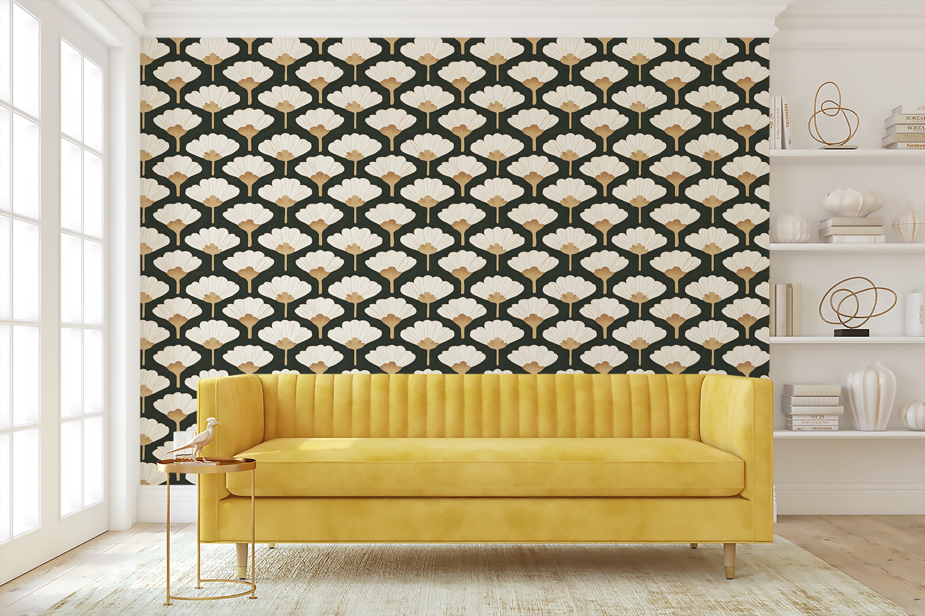 Retro Chic Ginkgo Leaf wallpaper in dark green with cream and gold floral design, enhancing a modern living room with art deco style.