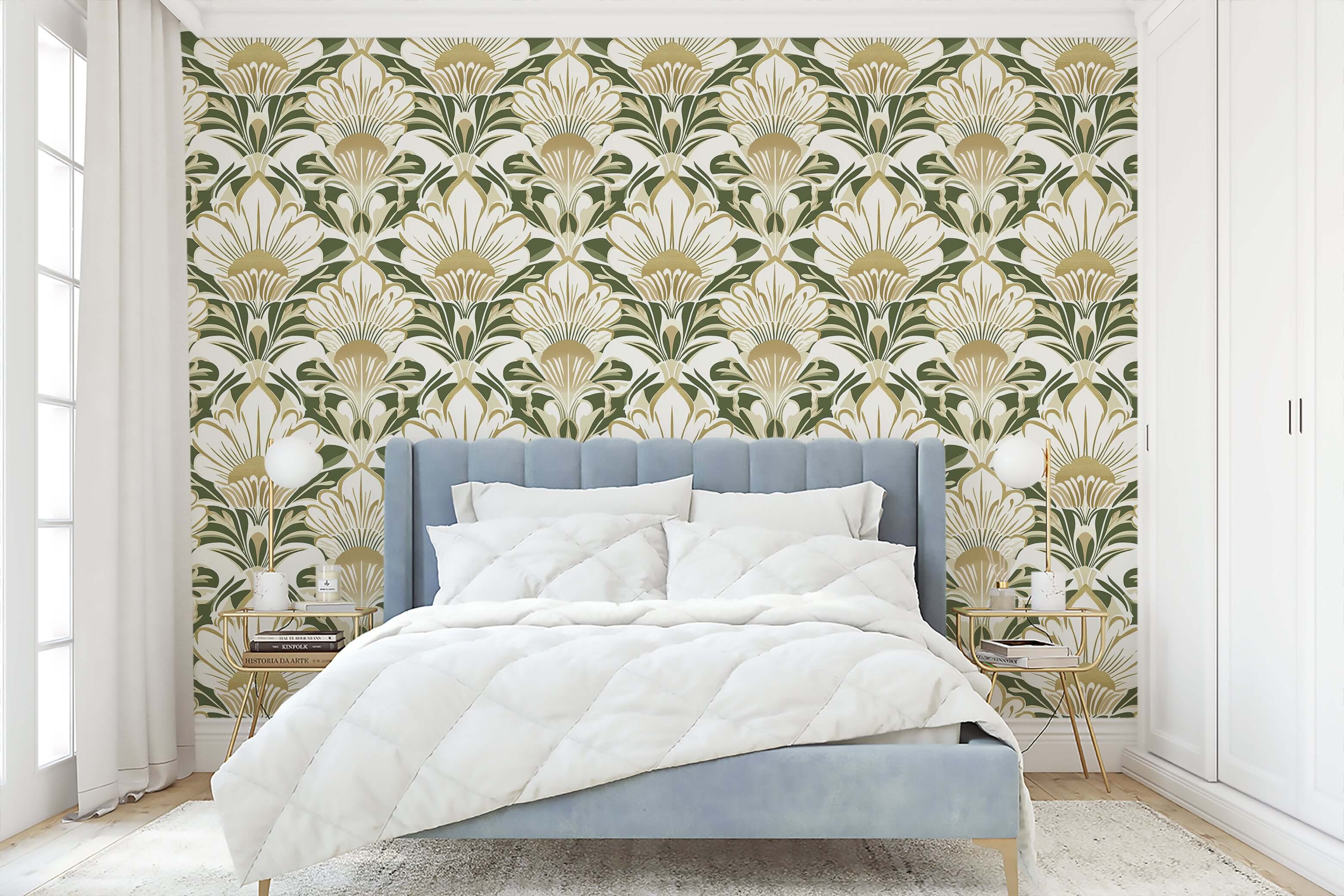 Luxurious Art Deco wallpaper with ivory flowers, gold accents, and a green background in a modern bedroom setting.