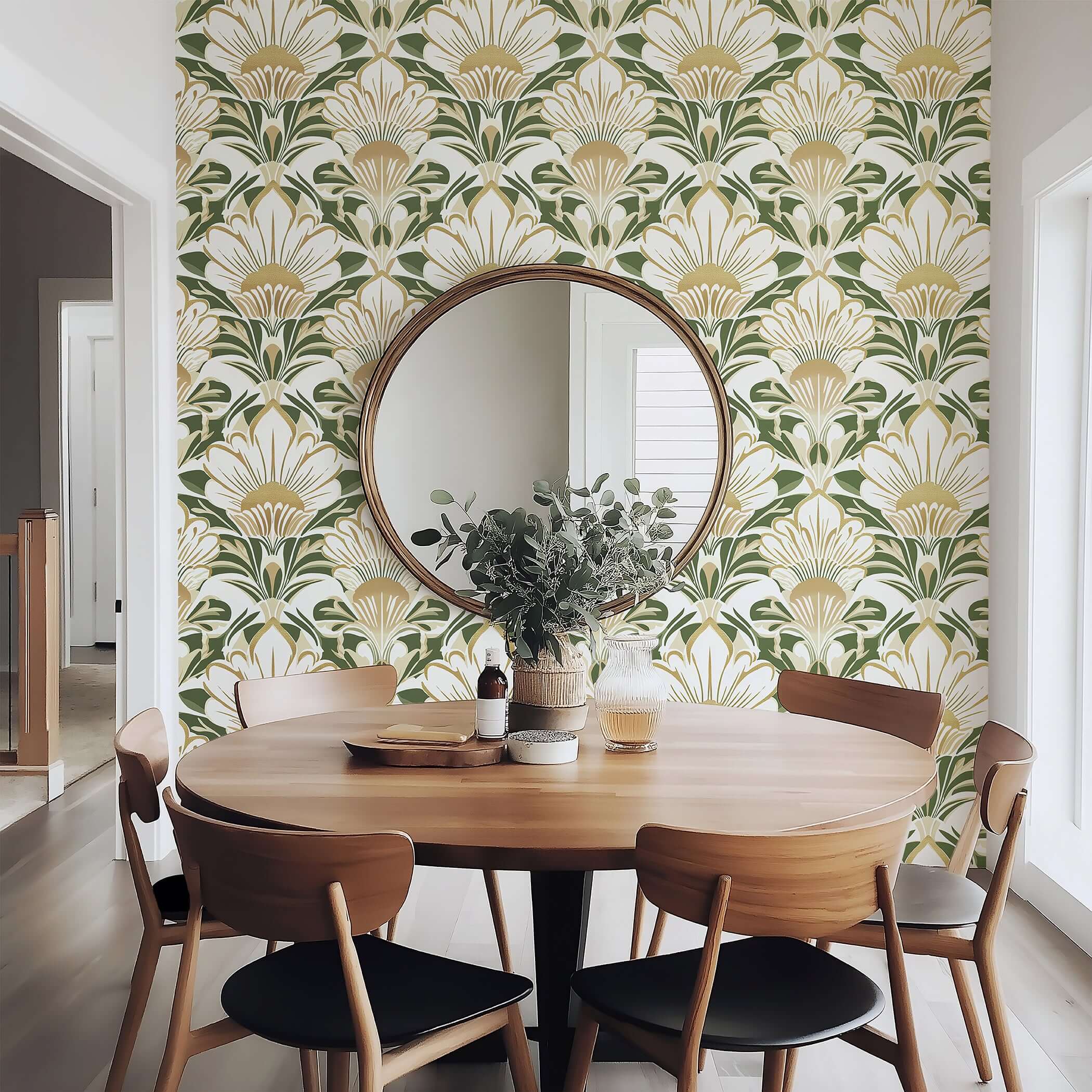 Art Deco floral wallpaper in green, gold, and ivory with white flowers, enhancing a dining room with elegant Art Nouveau design.