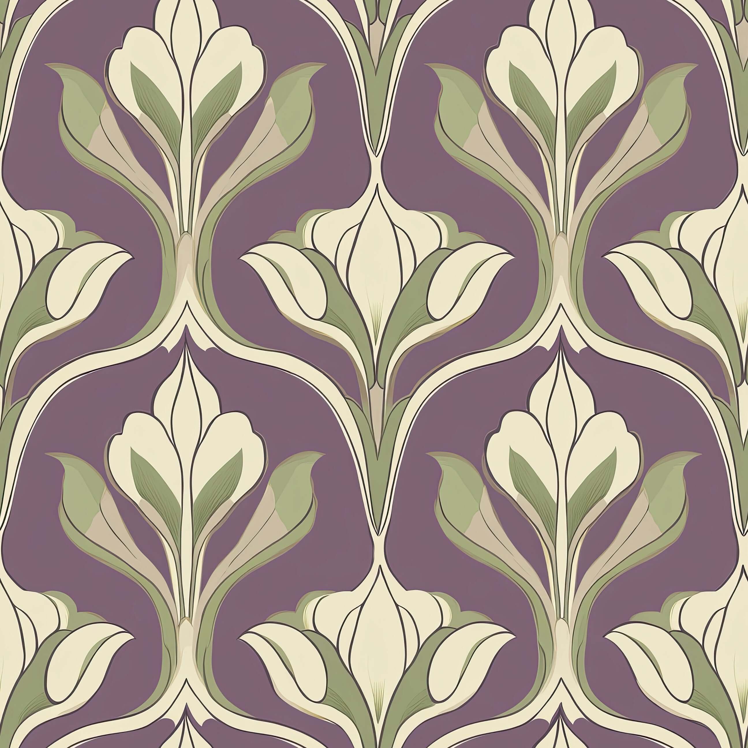 Dusky Floral Symphony Wallpaper: Art Nouveau and Art Deco style with damask, purple, green floral motifs for elegant interiors.