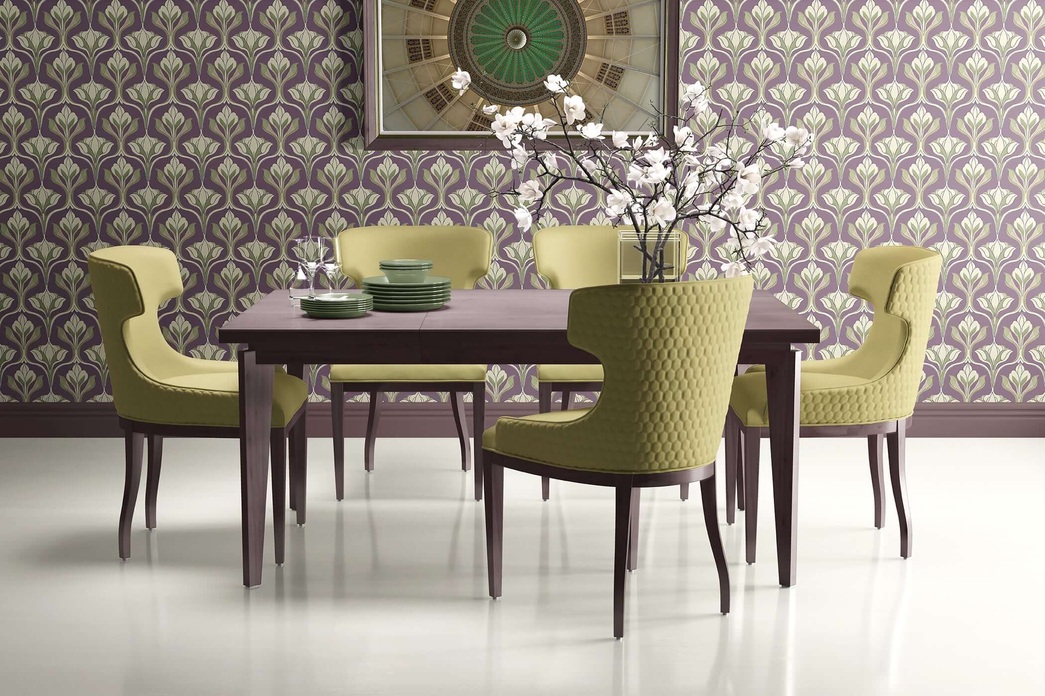 Dusky Floral Symphony Wallpaper with Art Nouveau Damask Design in Purple and Green in Elegant Dining Room Setting