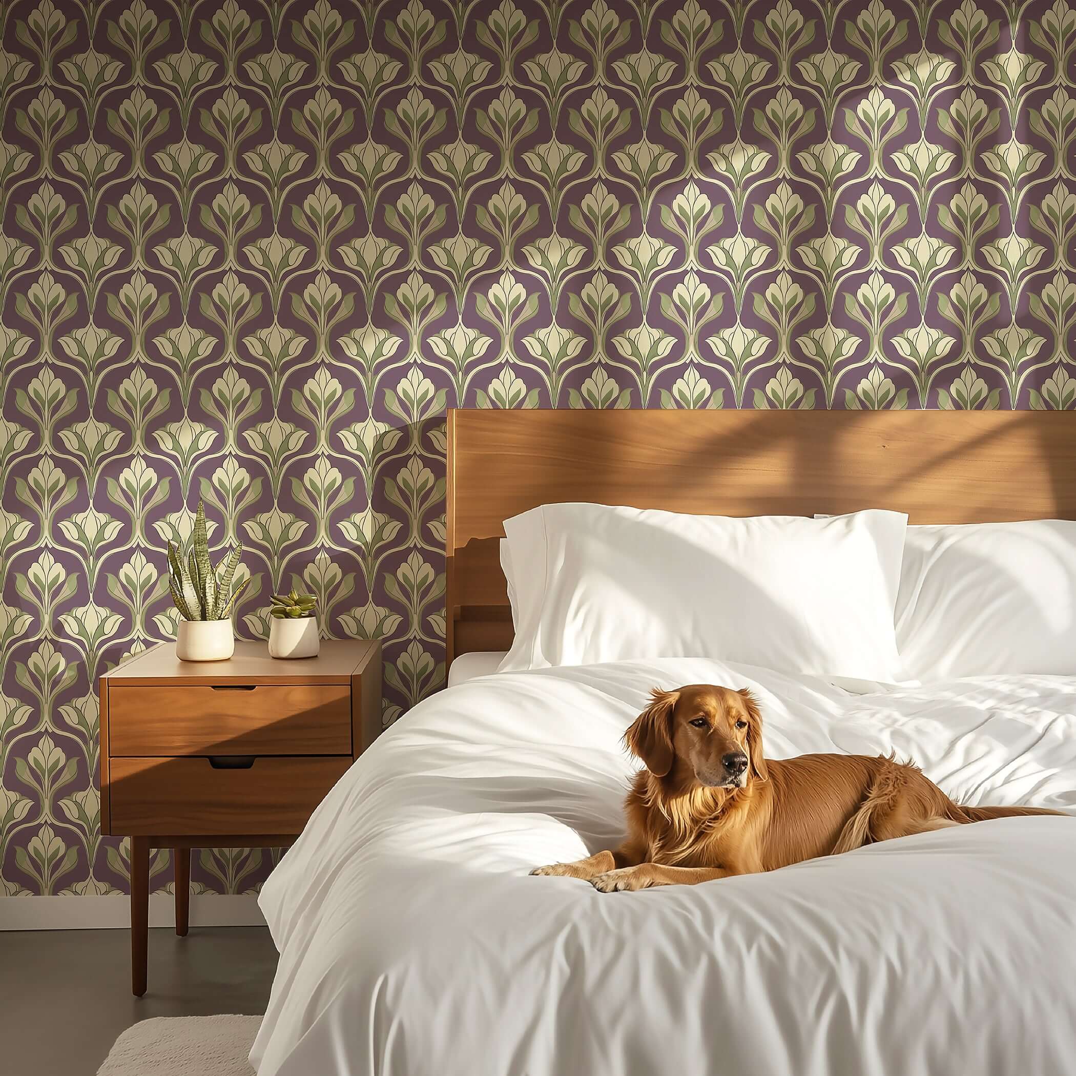 Dusky Floral Symphony wallpaper with art nouveau damask pattern, featuring purple and green hues, behind a cozy bedroom setting with a dog.