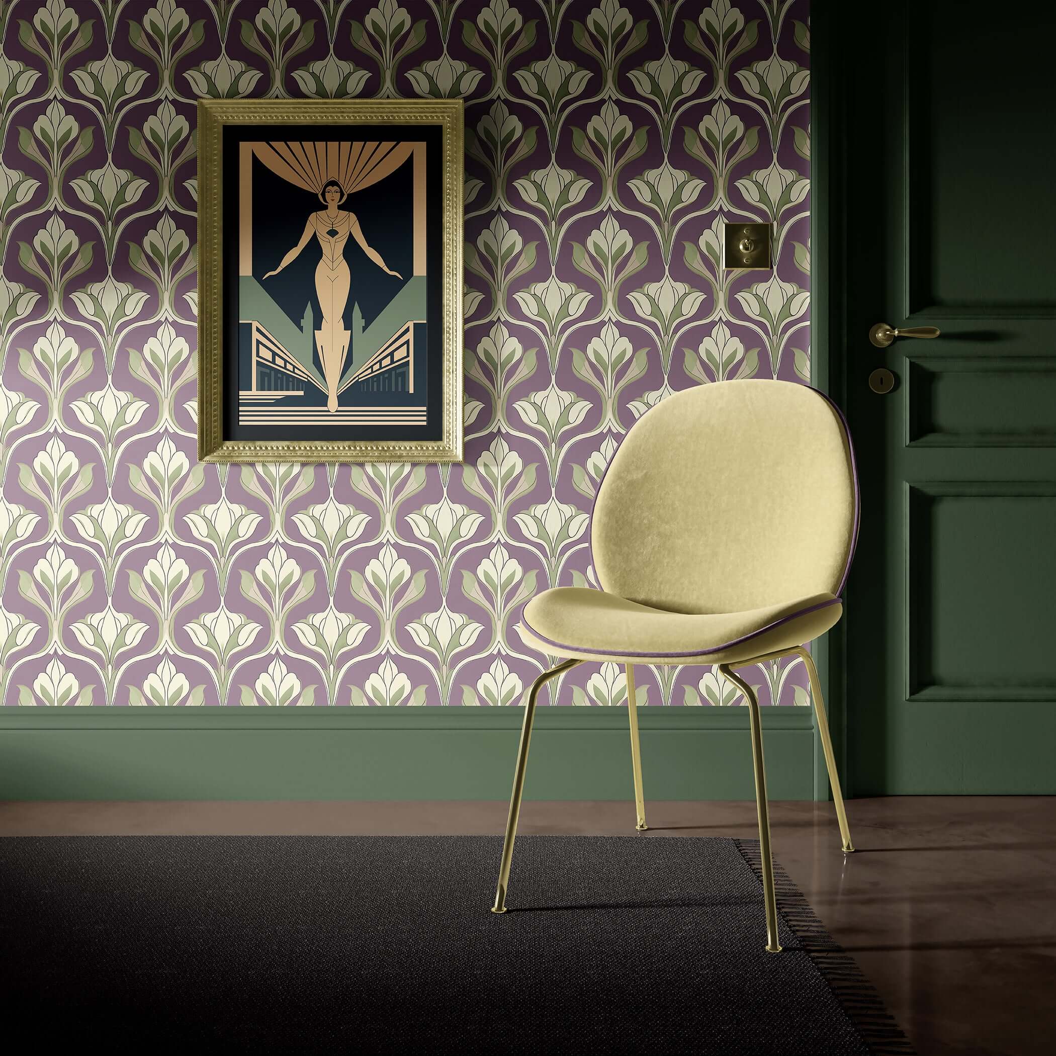 Dusky Floral Symphony Wallpaper with art deco and art nouveau floral motifs, in purple and green, featuring an elegant chair.