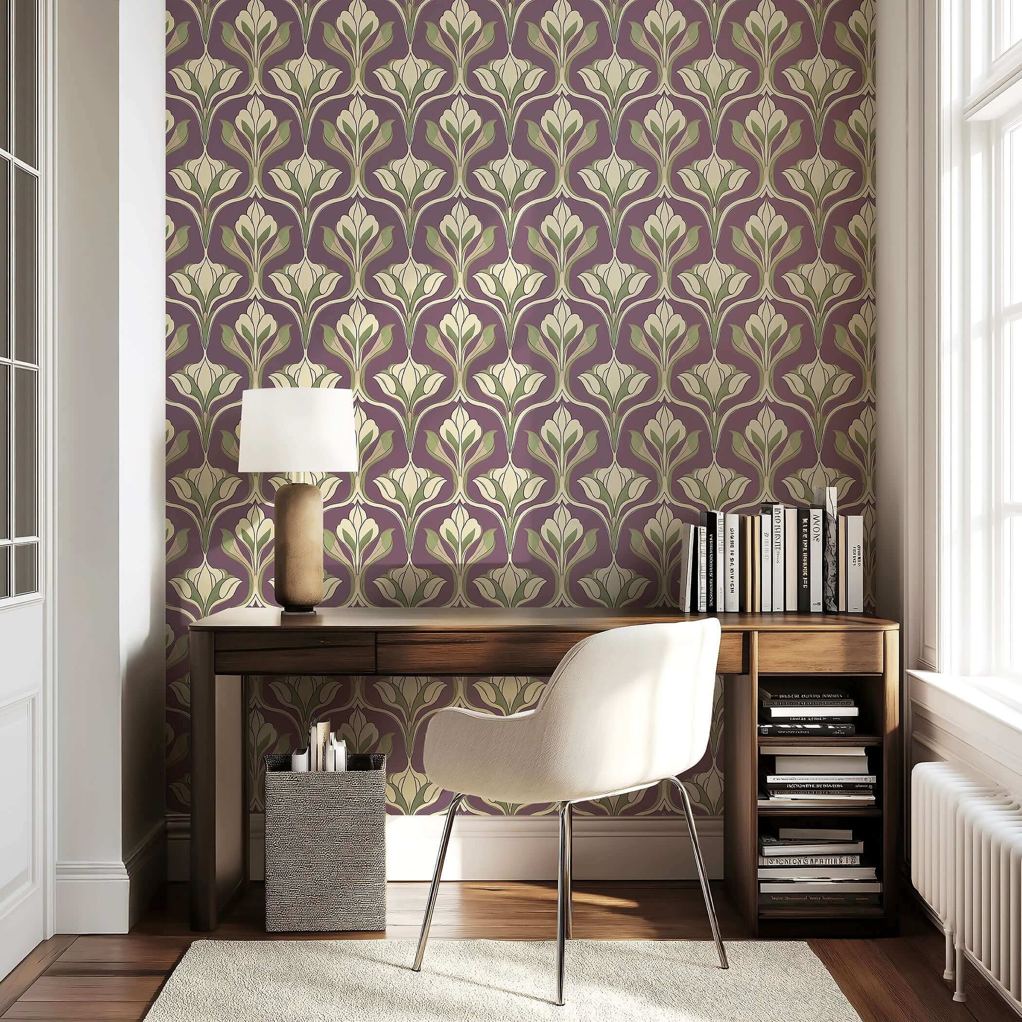Dusky Floral Symphony wallpaper, art nouveau design with green and purple floral damask, accenting a modern study space.
