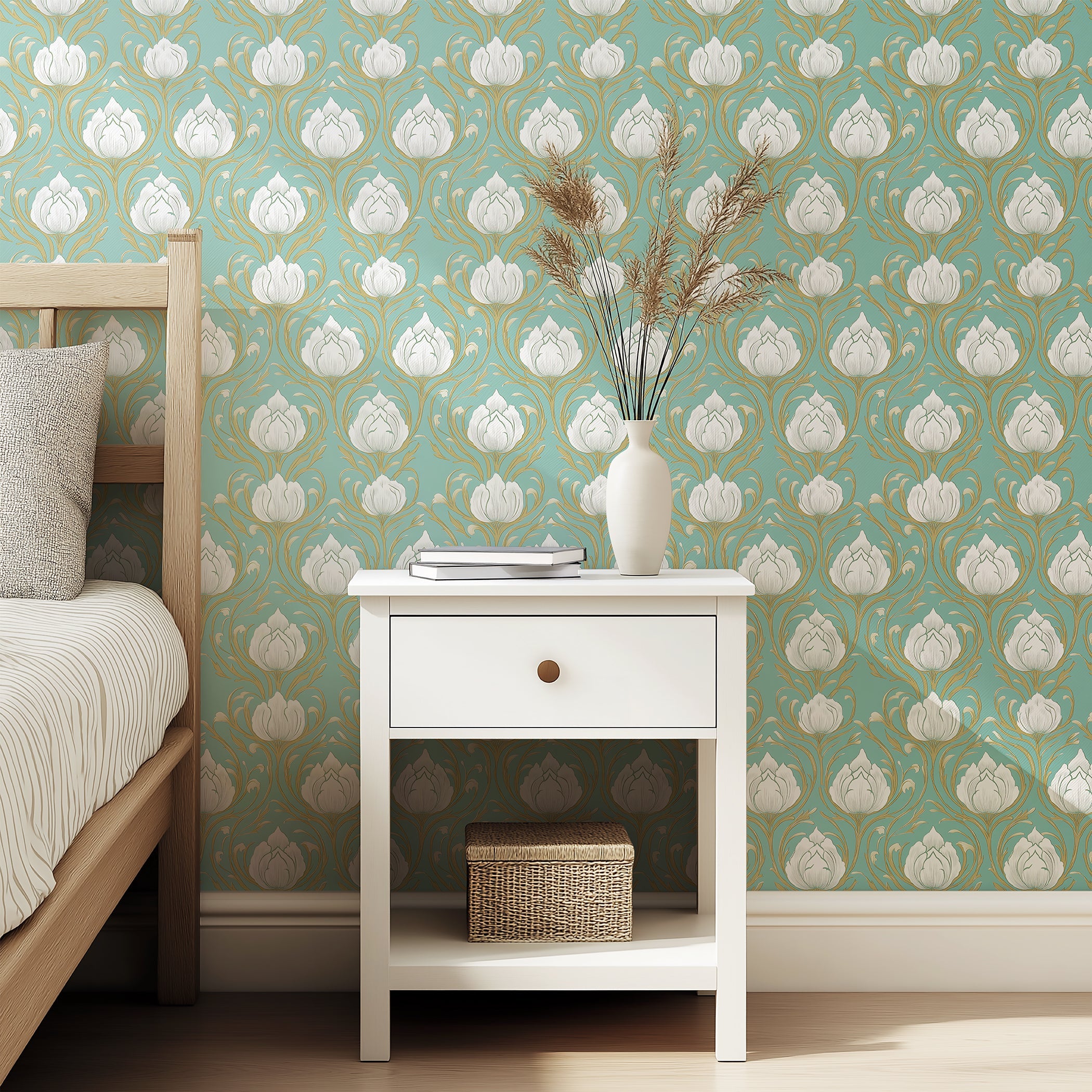 Teal Garden Elegance wallpaper with white lotus-style flowers, gold accents, and a teal background, adding damask charm to a bedroom.