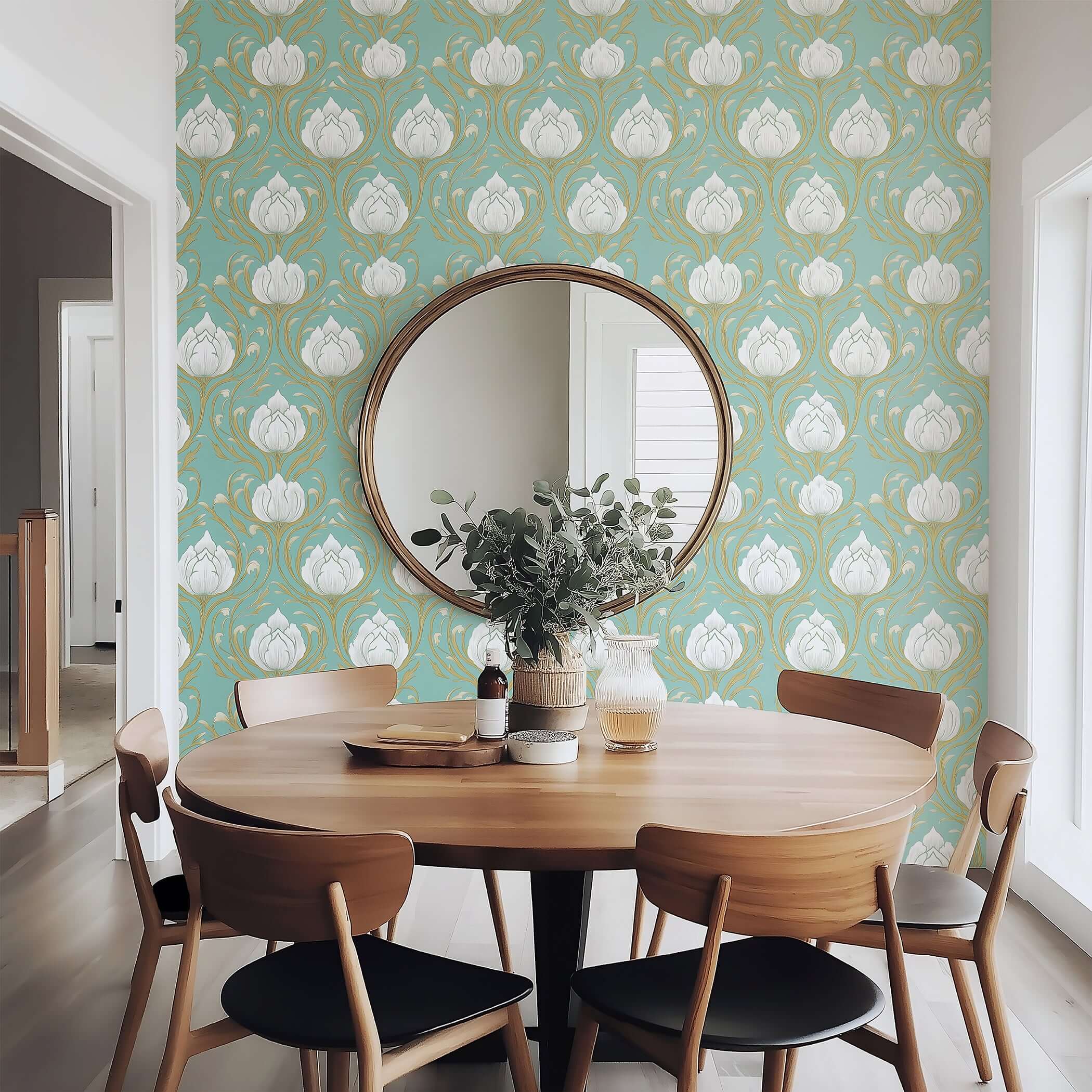 Dining room with Teal Garden Elegance wallpaper showcasing white lotus flowers on a teal background, enhancing Art Nouveau charm.