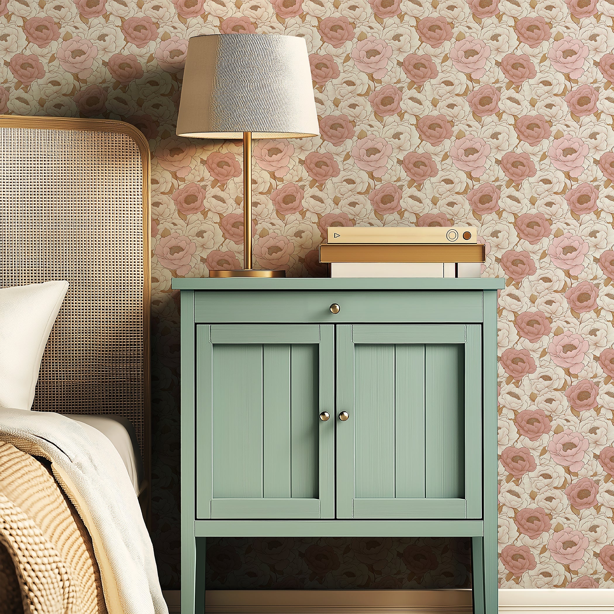 Elegant bedroom with Blush Peony Dream wallpaper in pink and peach shades, showcasing modern floral design for a soothing atmosphere.