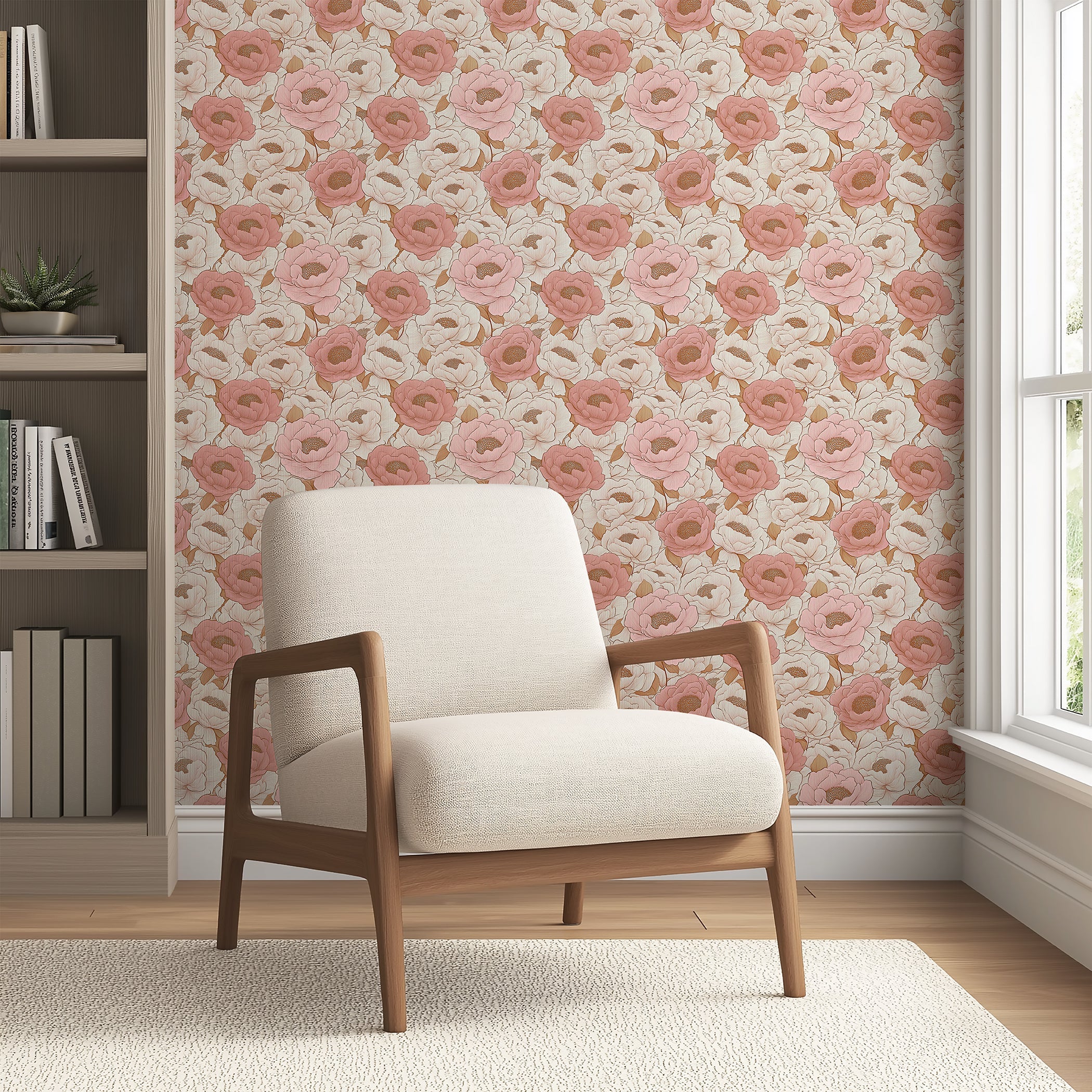 Elegant living room with Blush Peony Dream wallpaper, featuring hand-drawn peonies in blush and ivory hues, modern armchair in foreground.