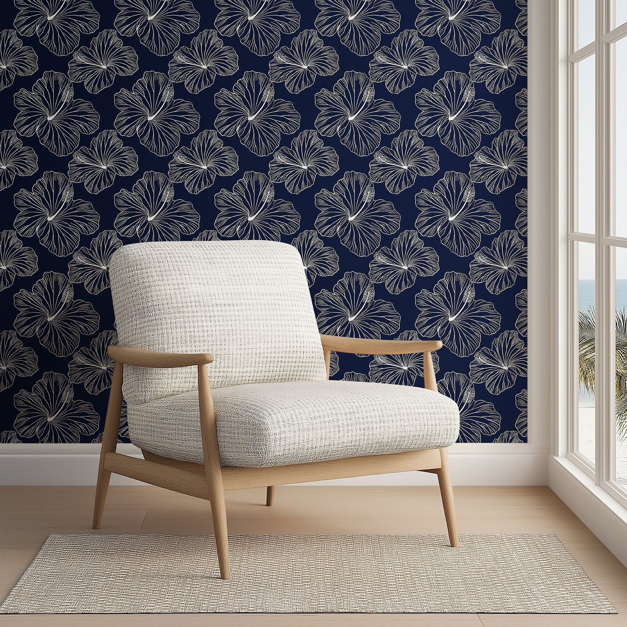 Island Nights Floral Wallpaper with hibiscus flowers on navy, ideal for coastal and tropical accent walls.
