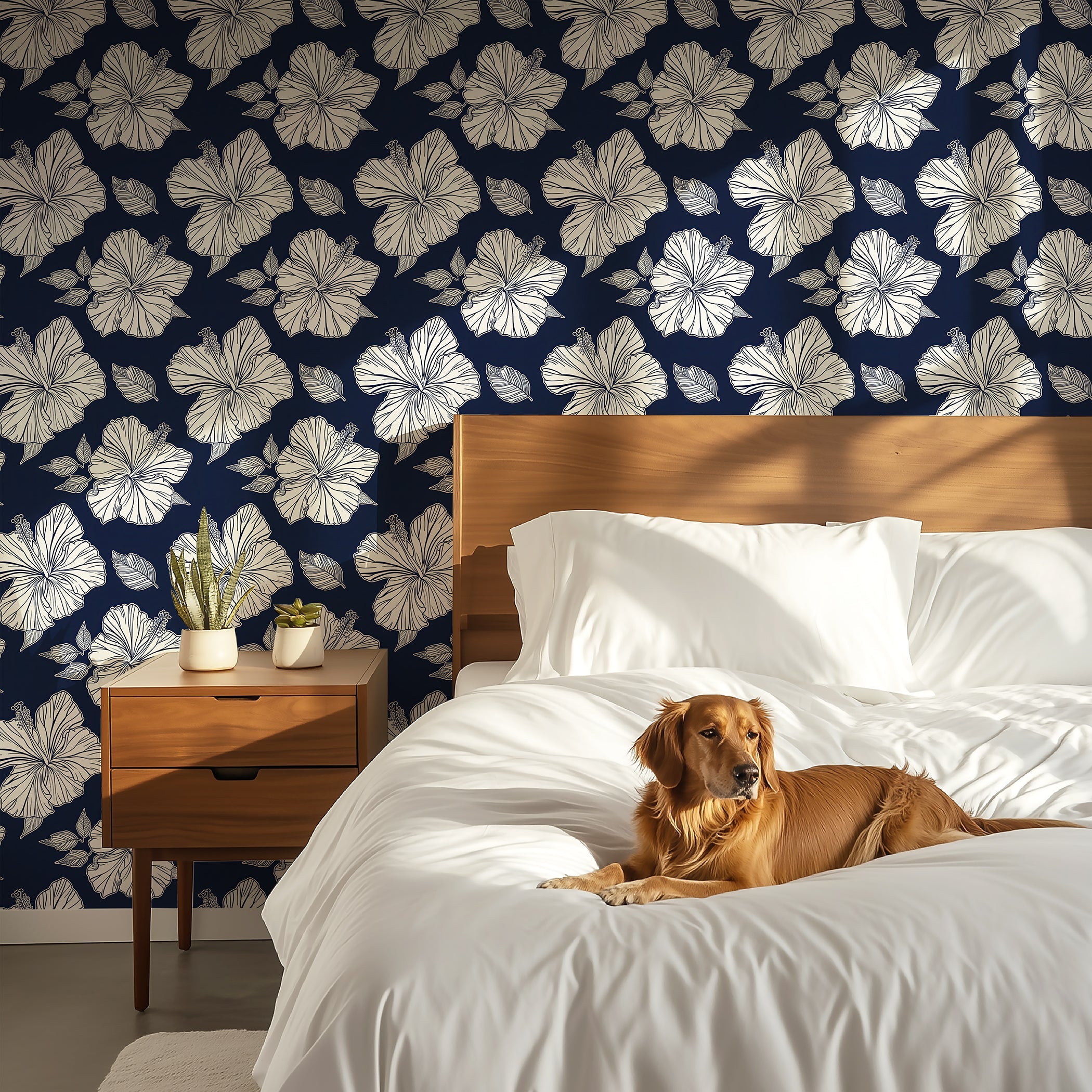 Elegant navy blue wallpaper with white hibiscus flowers, perfect for coastal and tropical-themed spaces.
