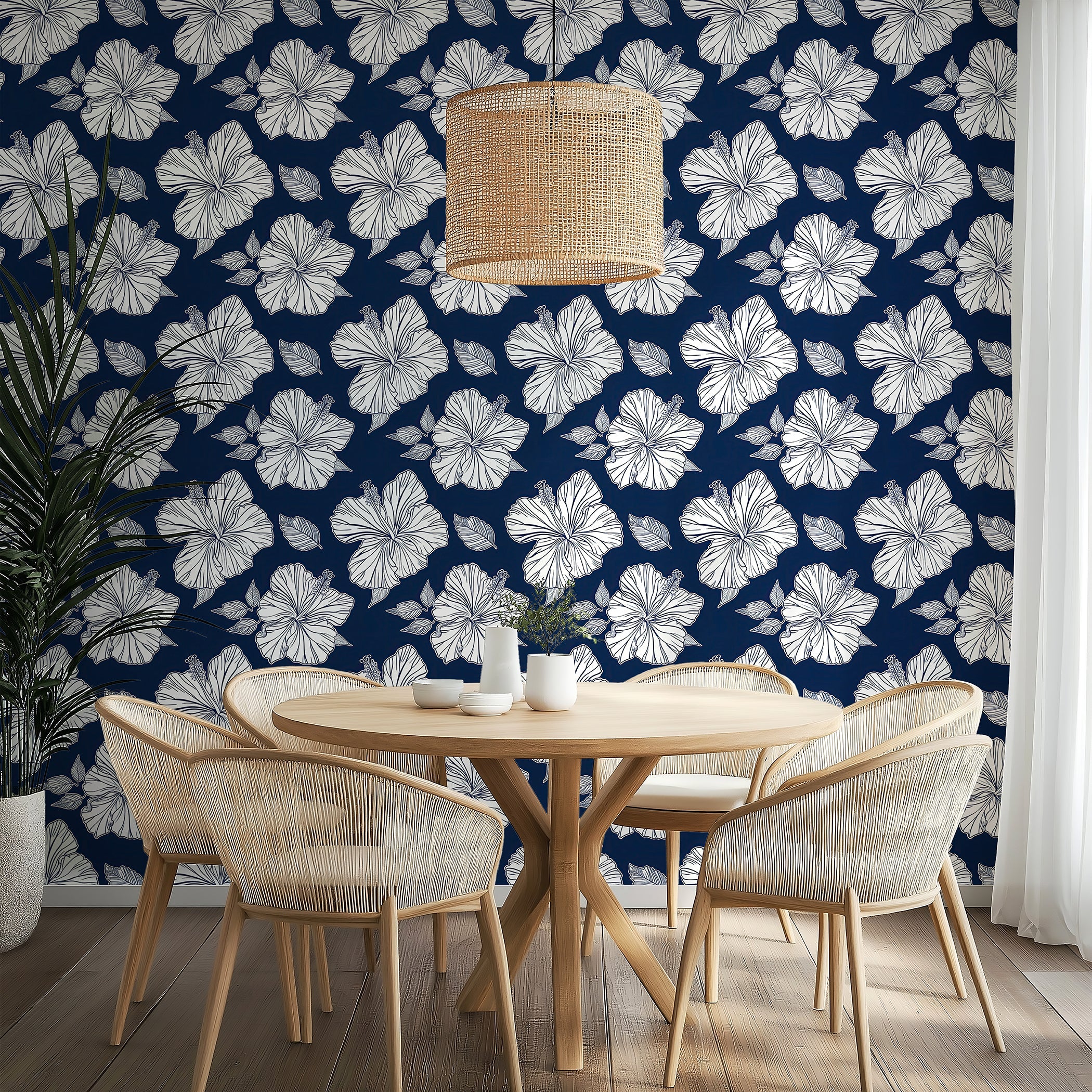 Navy wallpaper with white hibiscus flowers, ideal for coastal décor. Elegant tropical floral print enhancing home interiors.