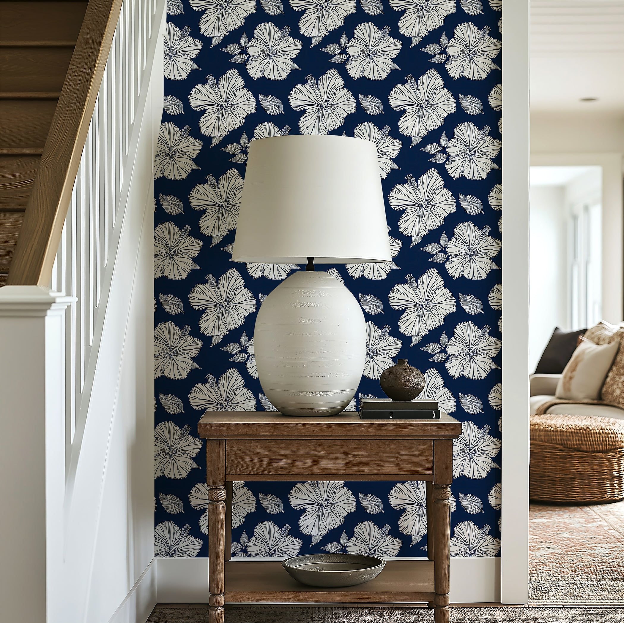 Midnight Hibiscus Elegance wallpaper with white hibiscus flowers on a navy background, adding coastal sophistication to a room.