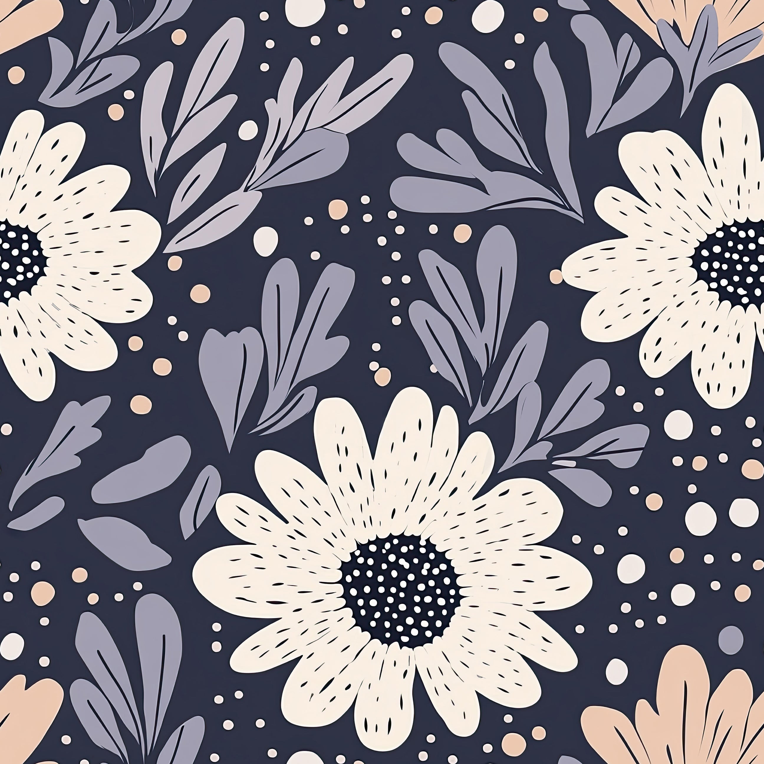 Night Bloom Boho Wallpaper with whimsical cream florals and lavender foliage on a navy background, perfect for a floral cottagecore vibe.