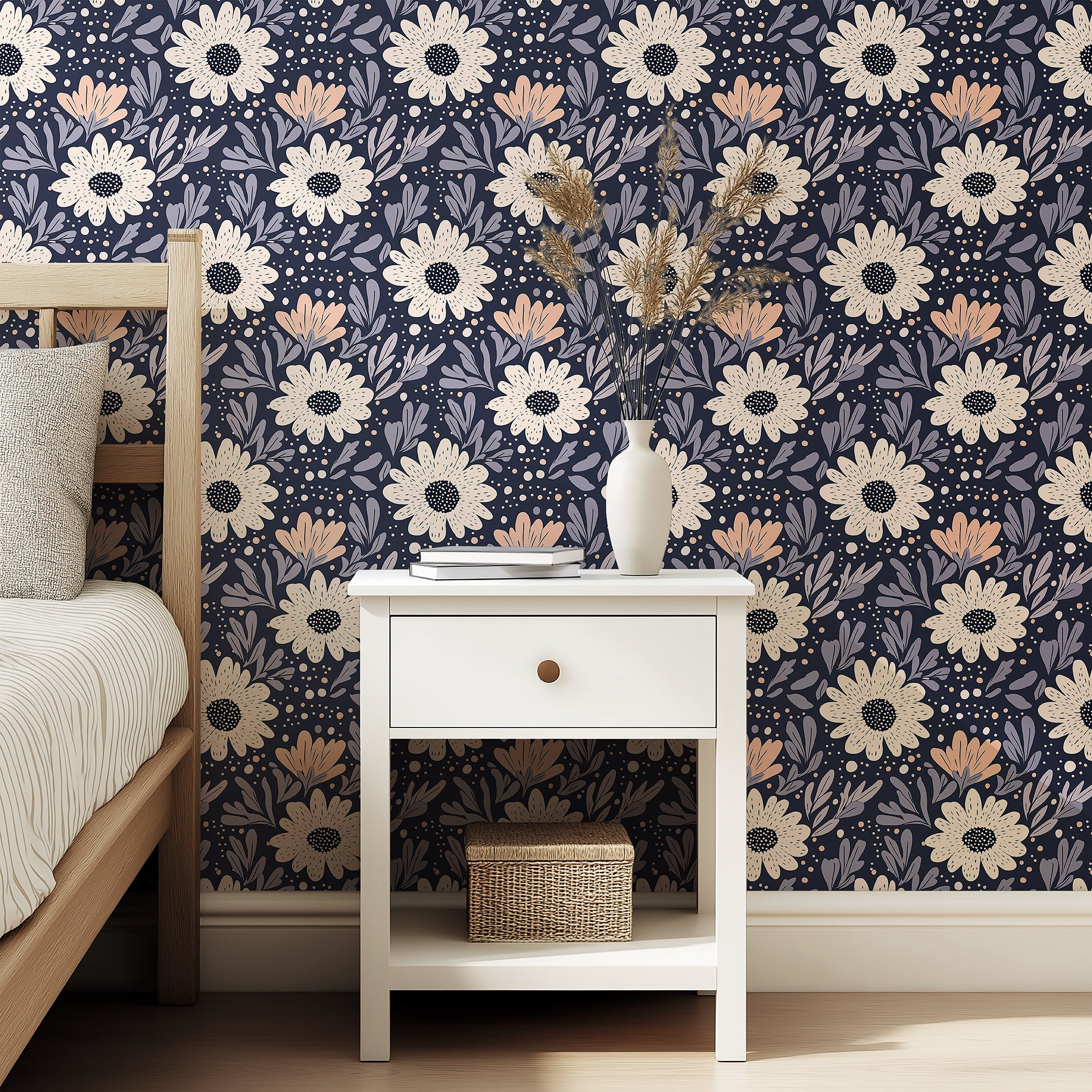 Night Bloom Boho floral wallpaper with cream flowers, lavender foliage on navy background; cottagecore style for bedrooms.