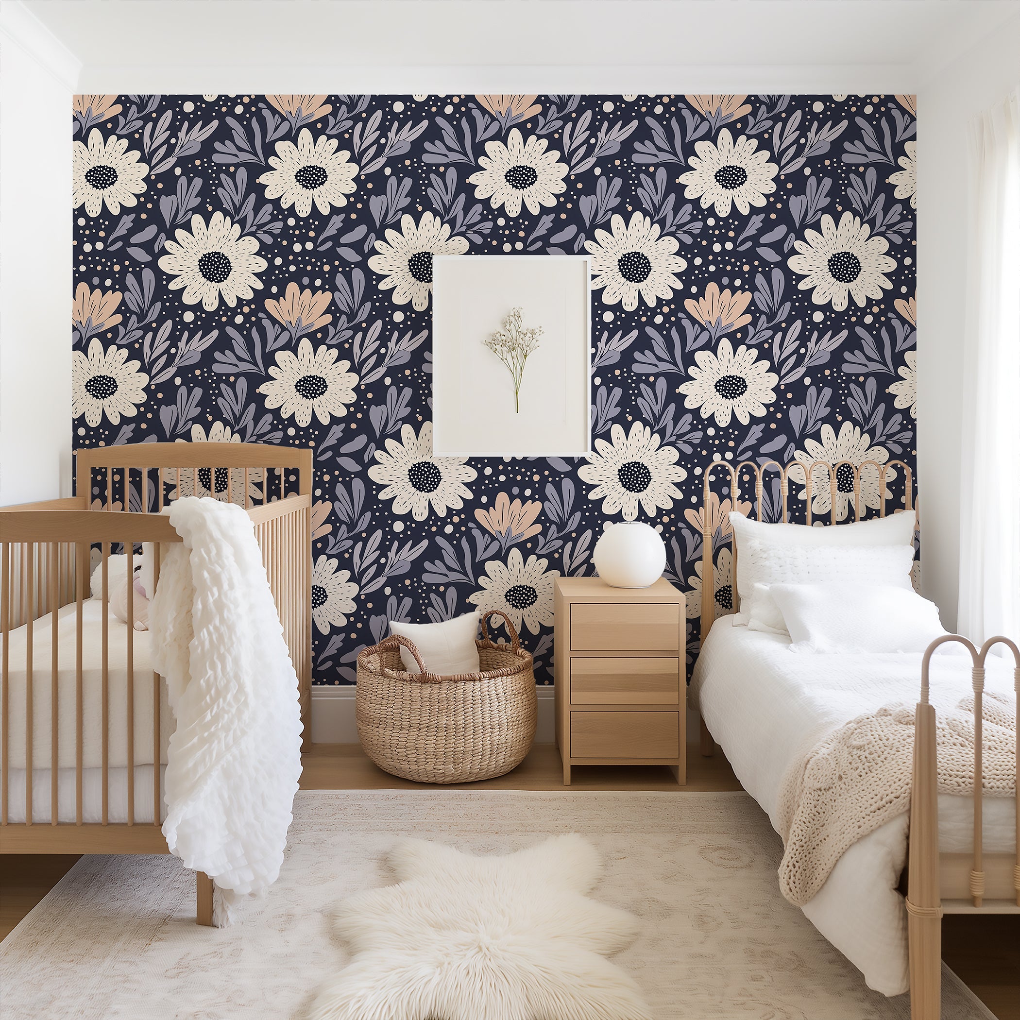 Boho floral wallpaper with cream flowers, lavender foliage on navy background in a cozy cottagecore room setting.