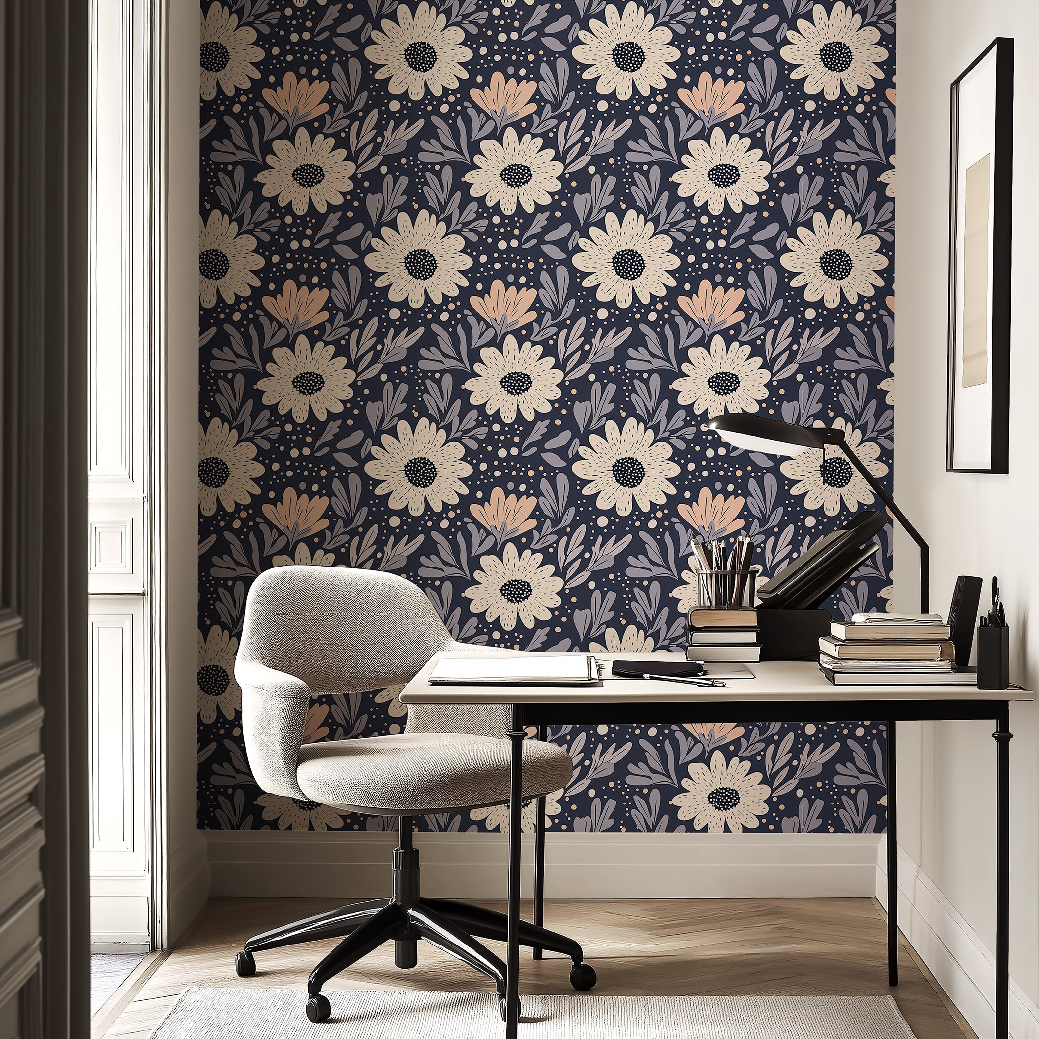 Boho floral wallpaper with navy background, cream and pink flowers, creating a cottagecore charm in modern home office space.