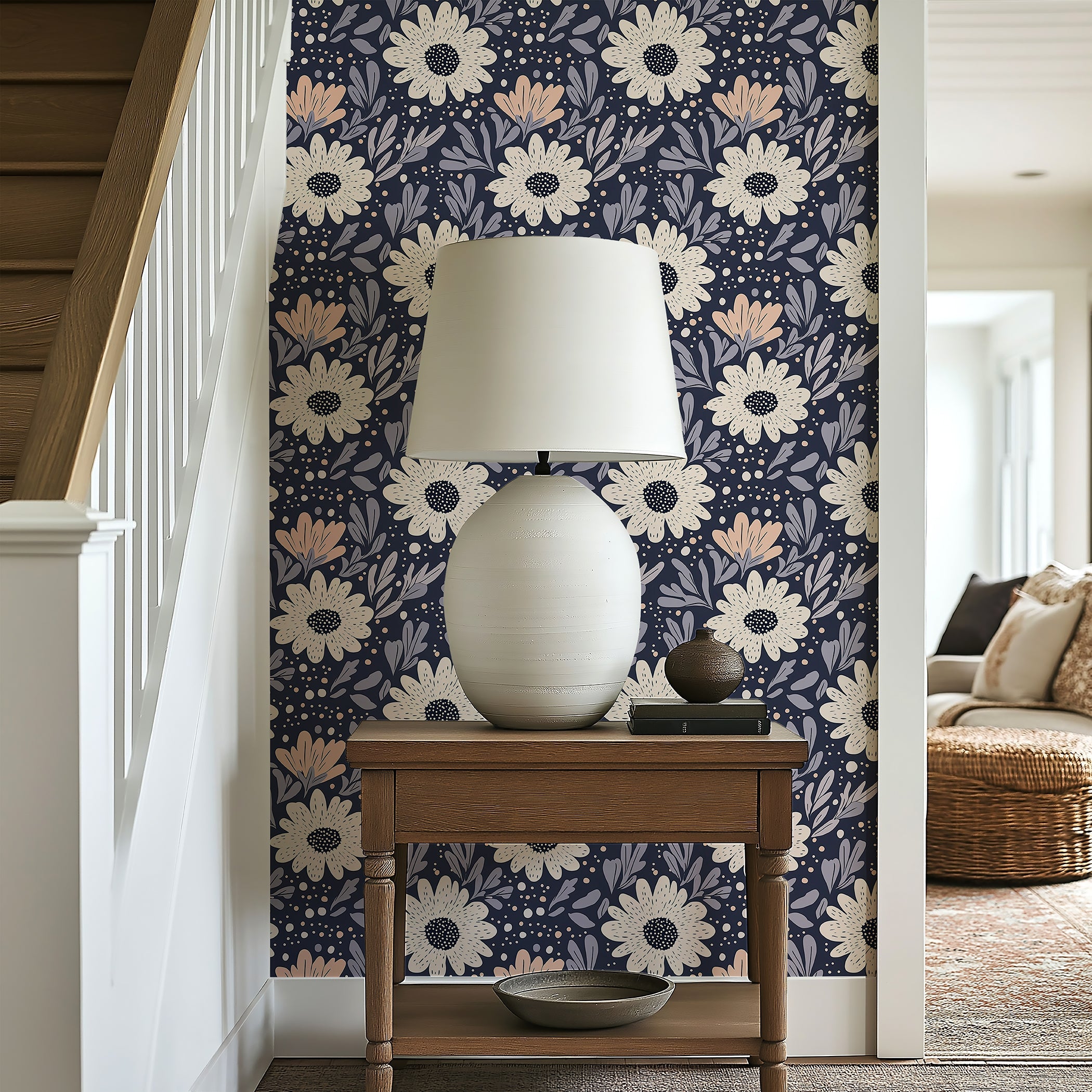Boho floral wallpaper with cream and pink flowers on navy background, featuring cottagecore aesthetics. Perfect for modern spaces.