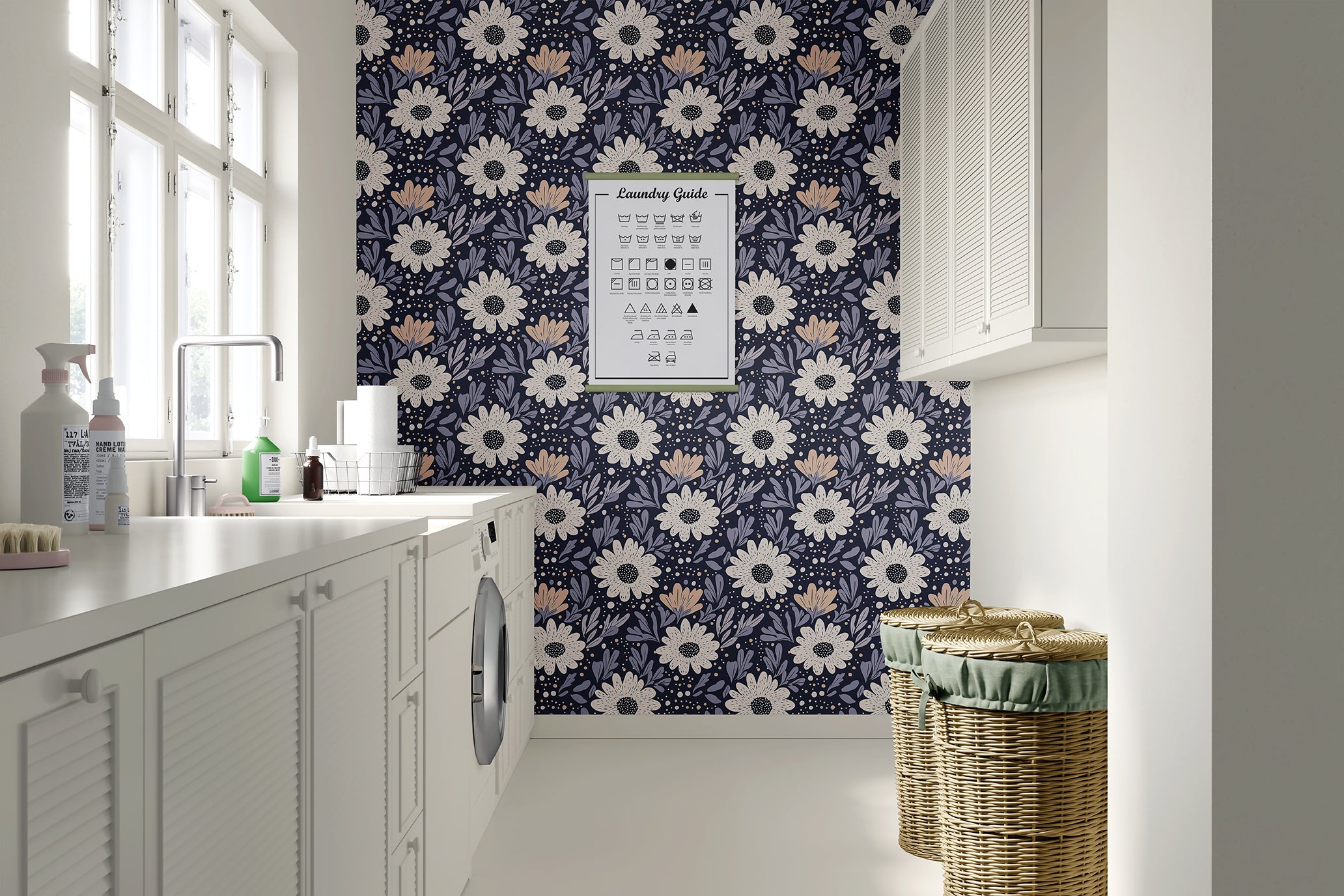 Floral navy boho wallpaper with pink and cream flowers adds whimsical cottagecore charm to a modern laundry room wall.