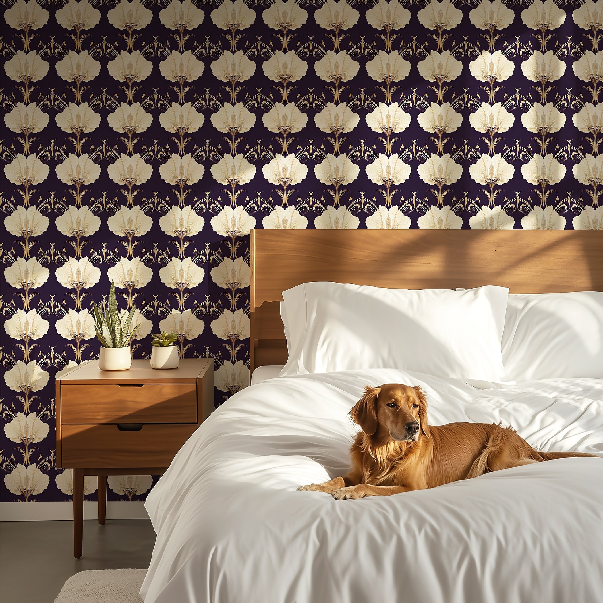Art Deco purple wallpaper with white and gold floral pattern in a cozy bedroom with a dog on the bed.