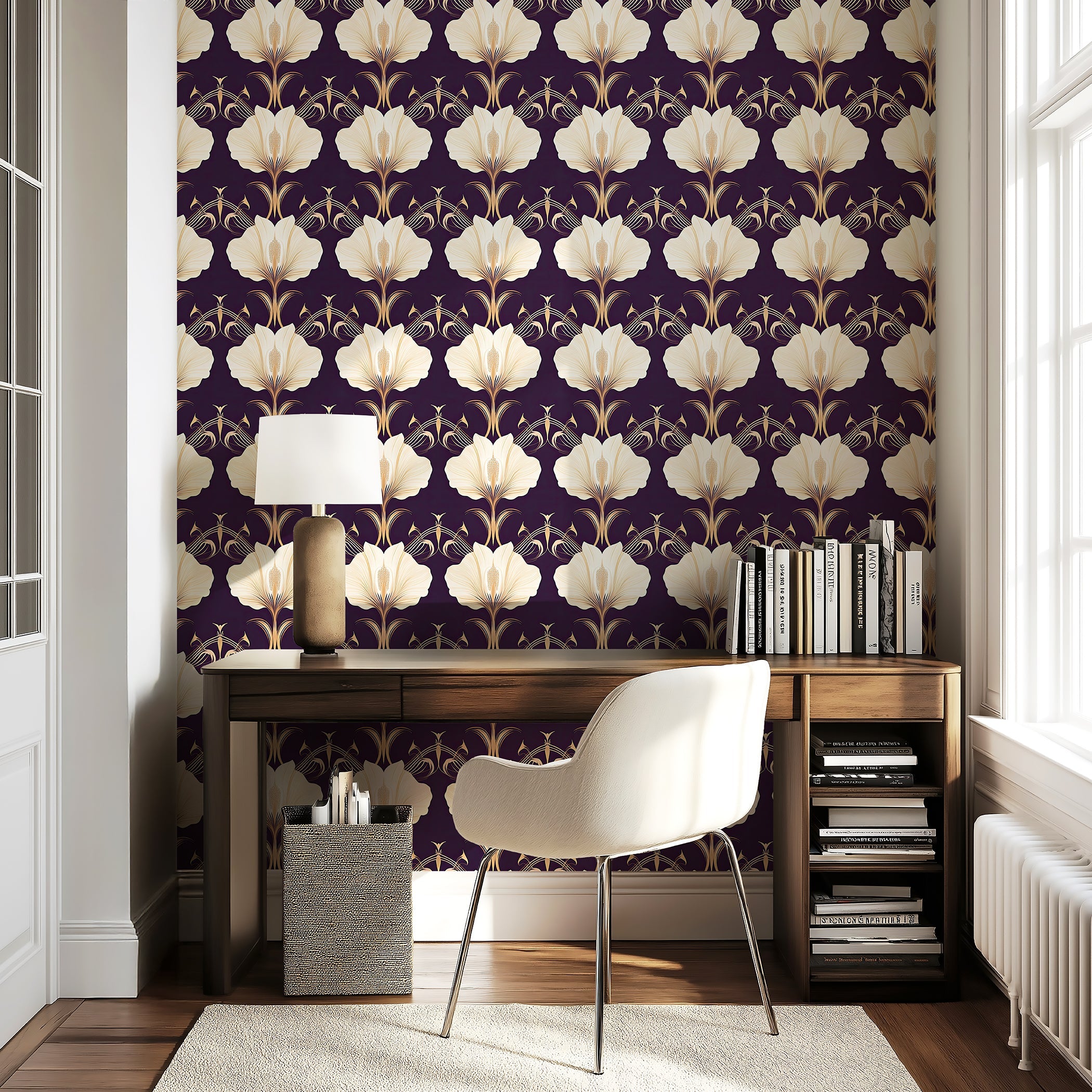 Art Deco wallpaper with cream and gold florals on a purple background, enhancing a stylish room with modern-vintage elegance.