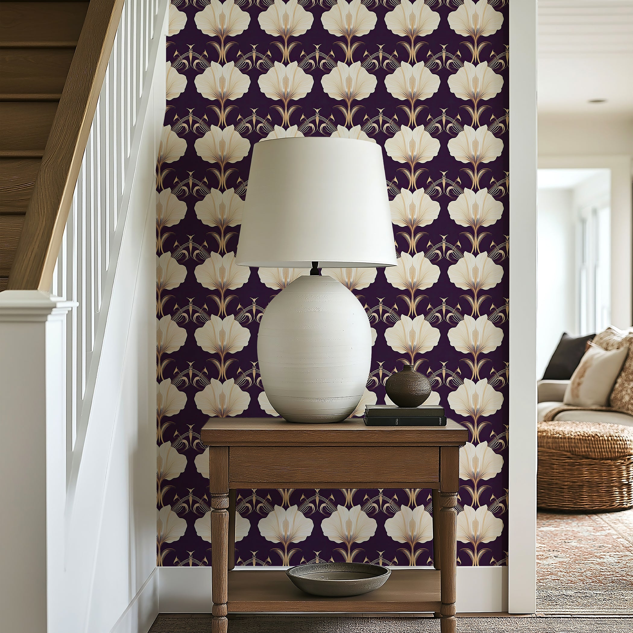 Art Deco wallpaper with cream and gold flowers on a purple background, featuring a lamp on a table, perfect for elegant home decor.