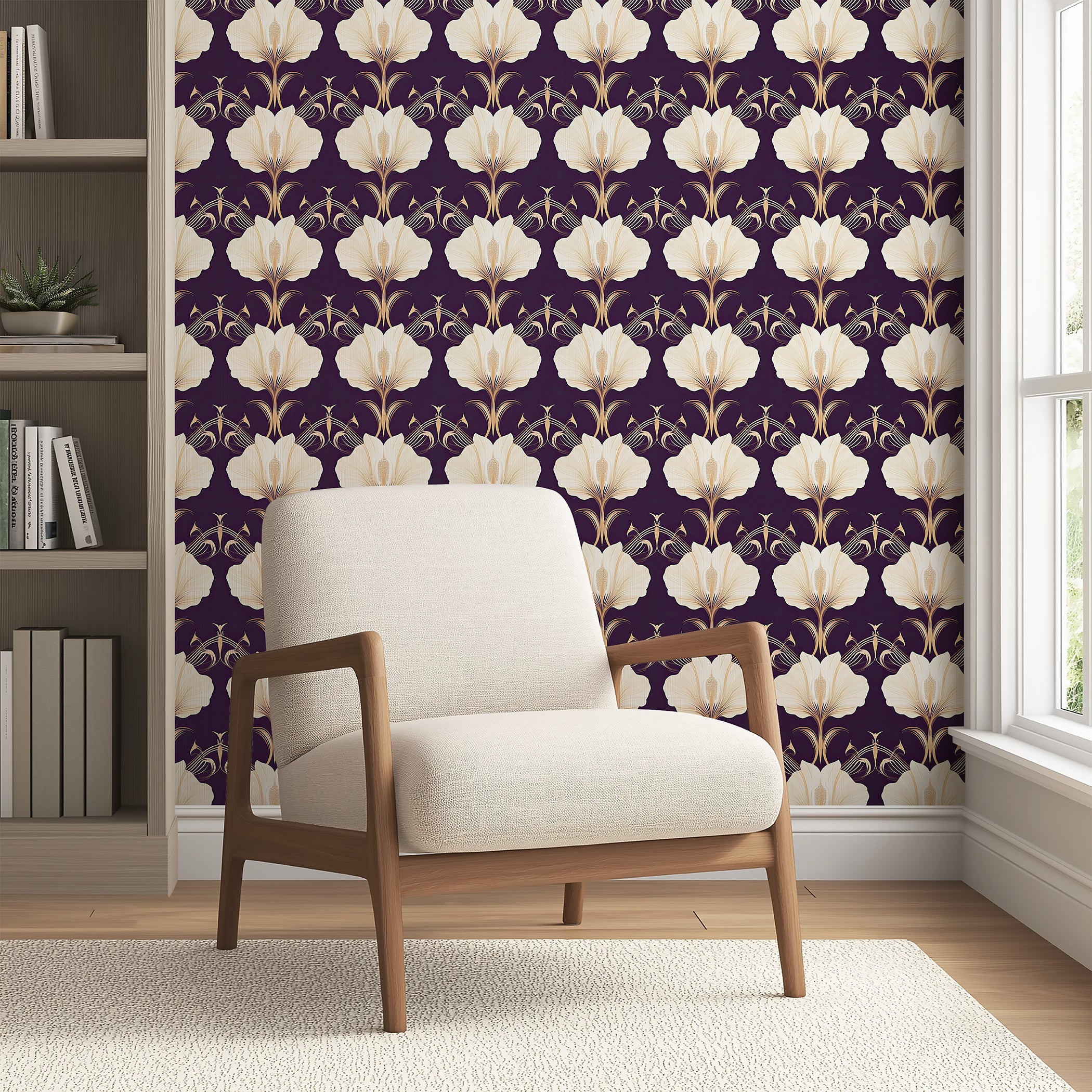 Art Deco Opulent Noir Floral Wallpaper with cream and gold flowers on a rich purple background, perfect for elegant interiors.